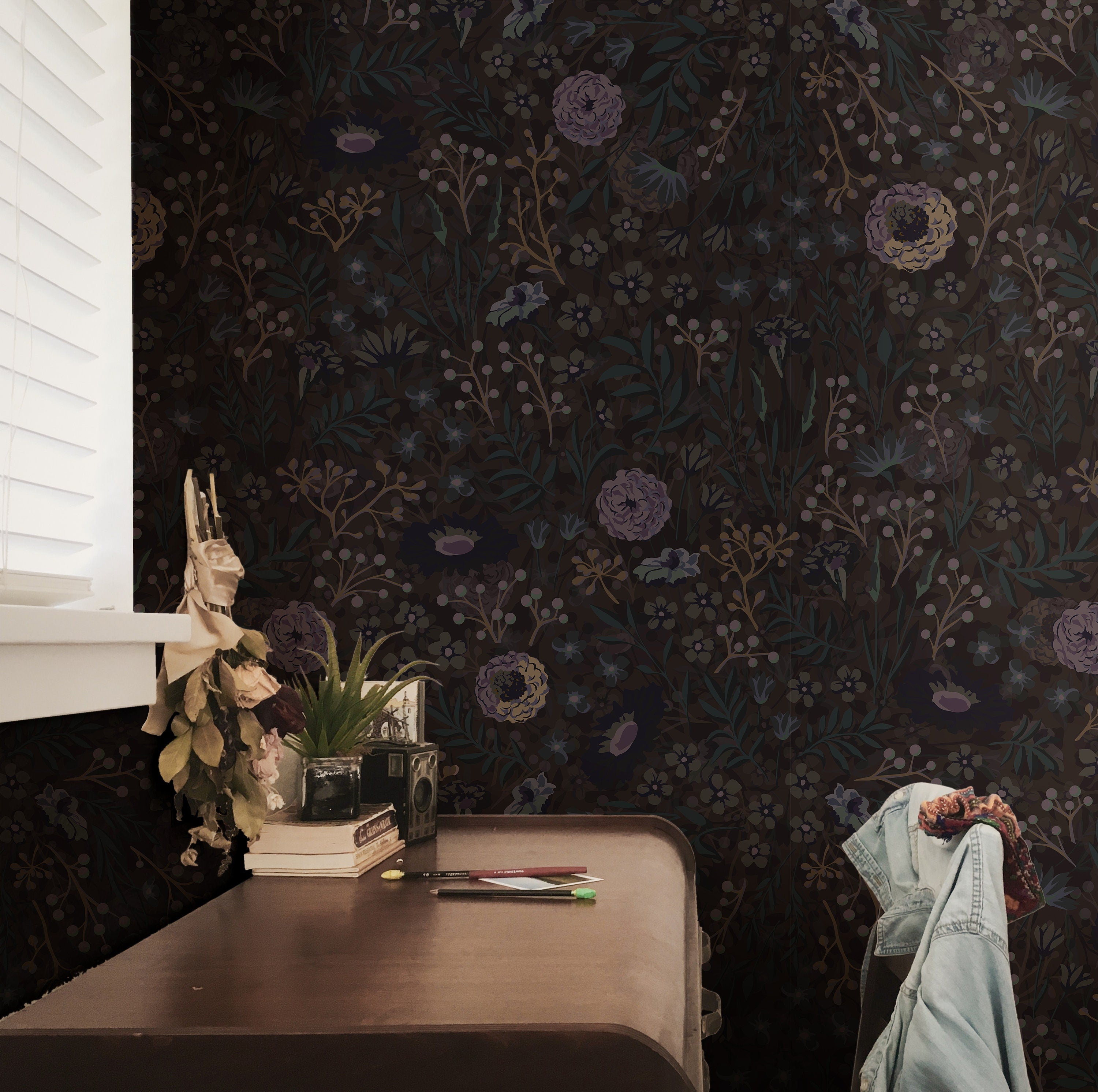 Wallpaper Peel and Stick Wallpaper Dark Muted Moody Floral Garden Academia Removable Wallpaper Wall Decor Home Decor Wall Art Room Decor 817 - James And Colors