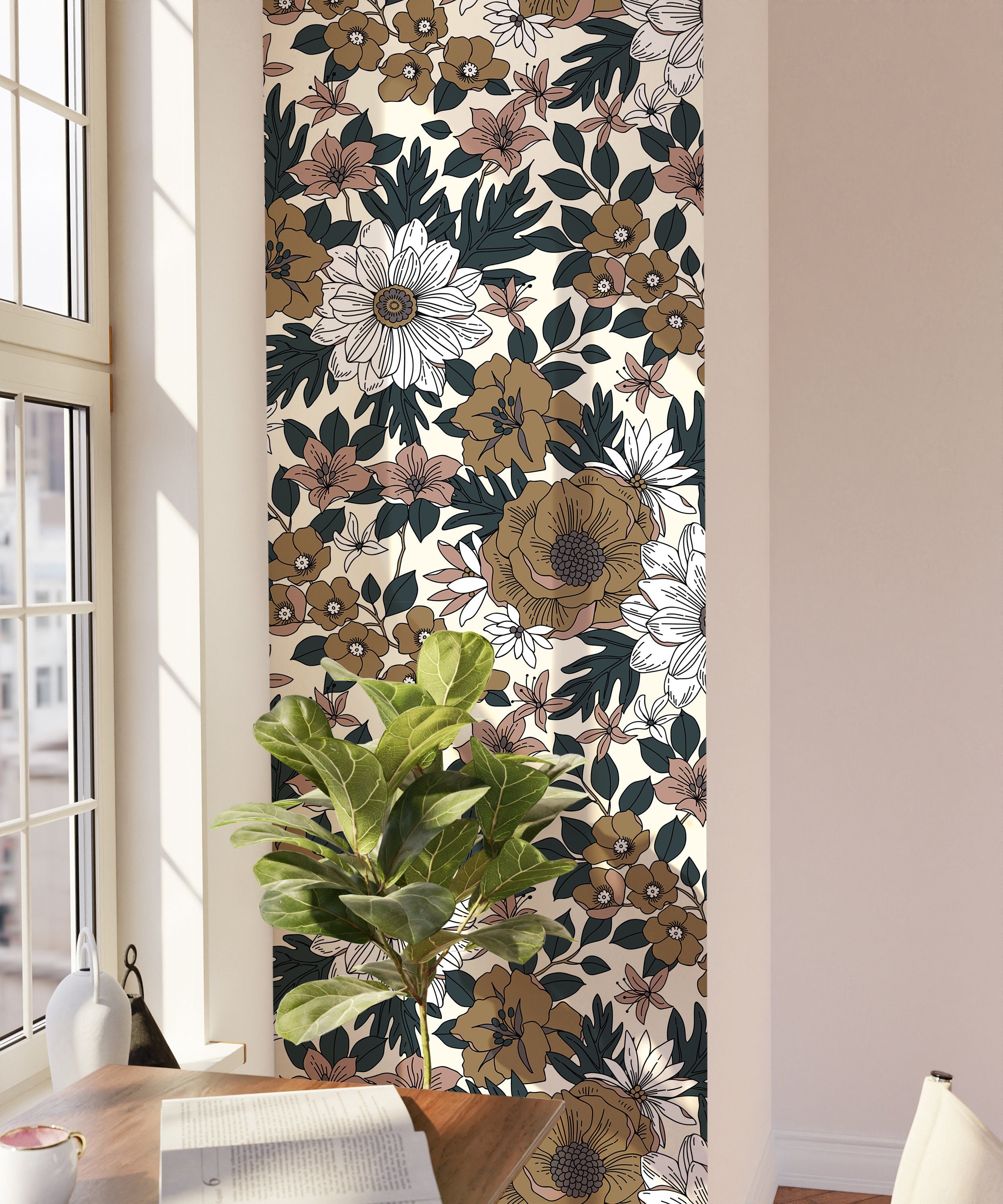 Blush & Bronze | Muted Floral Removable Wallpaper for Office, Bedroom, Doors, Walls, DIY Home Decor 786 - James And Colors