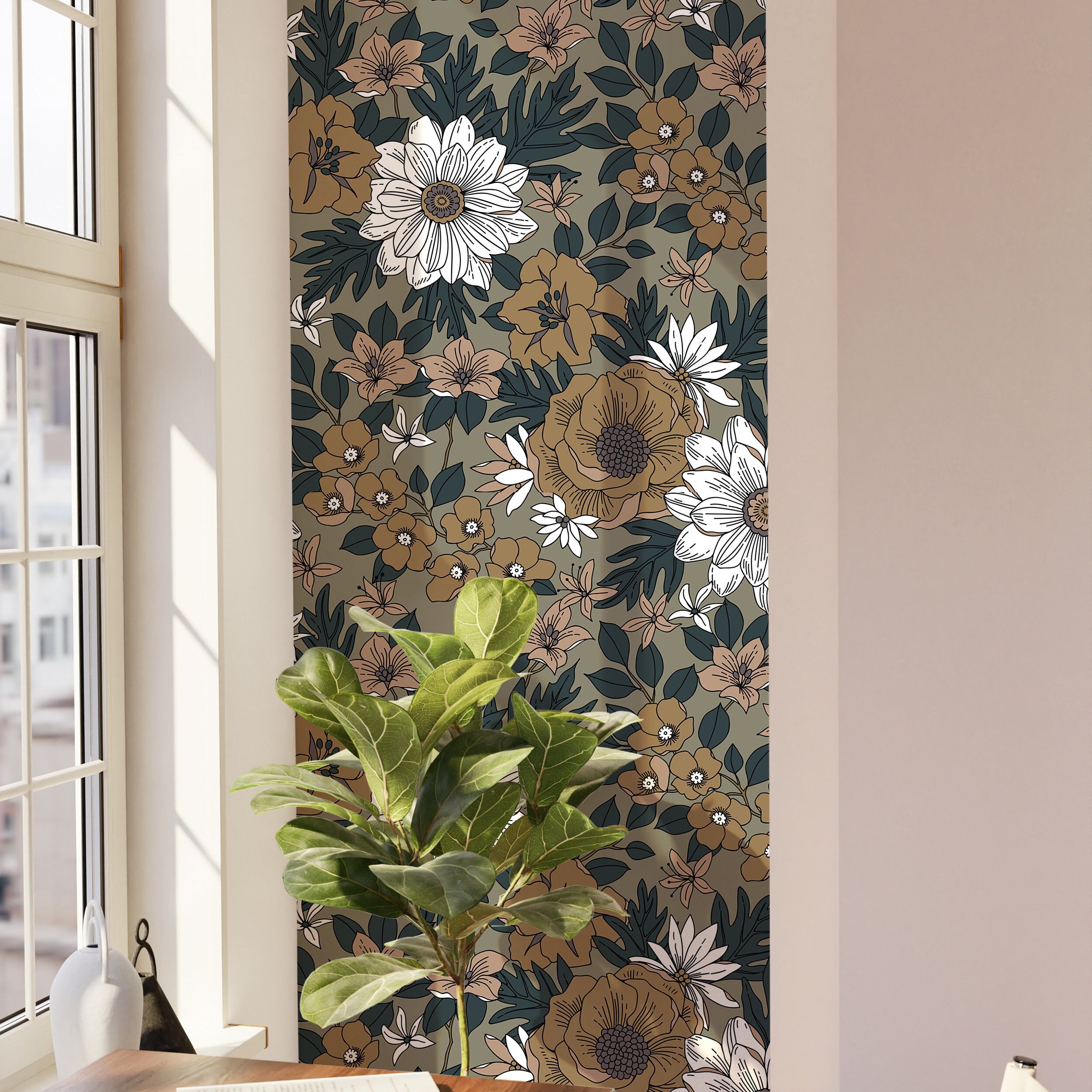 Wallpaper 783: Earth-toned floral wallpaper featuring white, mustard, and tan blooms with dark green foliage in a cozy reading nook with natural sunlight and indoor plants.

