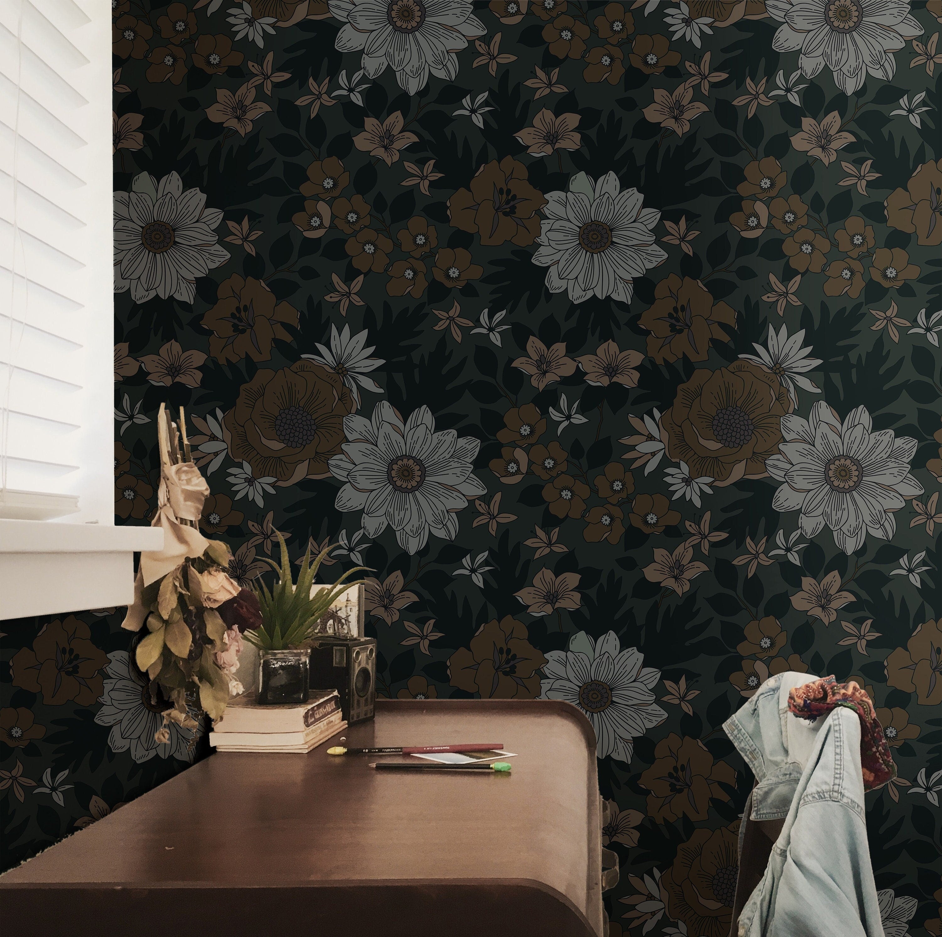 Wallpaper Peel and Stick Wallpaper Dark Muted Moody Floral Garden Academia Removable Wallpaper Wall Decor Home Decor Wall Art Room Decor 812 - James And Colors