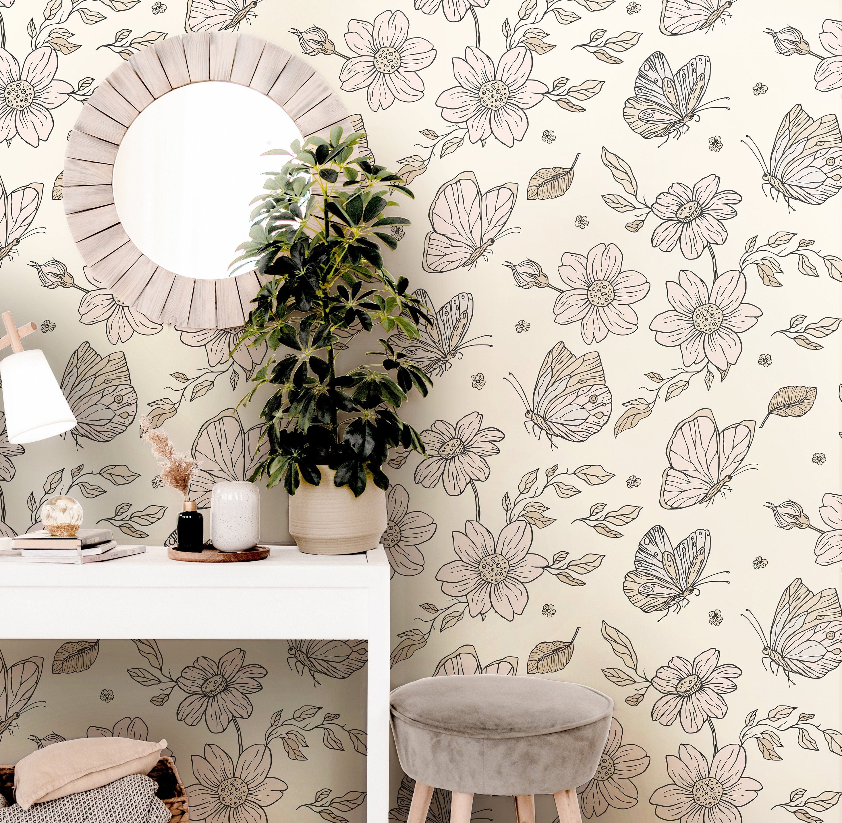 Pink Floral Butterfly Wallpaper | Girls Nursery Wallpaper | Kids Wallpaper | Childrens Wallpaper | Peel Stick Removable Wallpaper | 831 - James And Colors