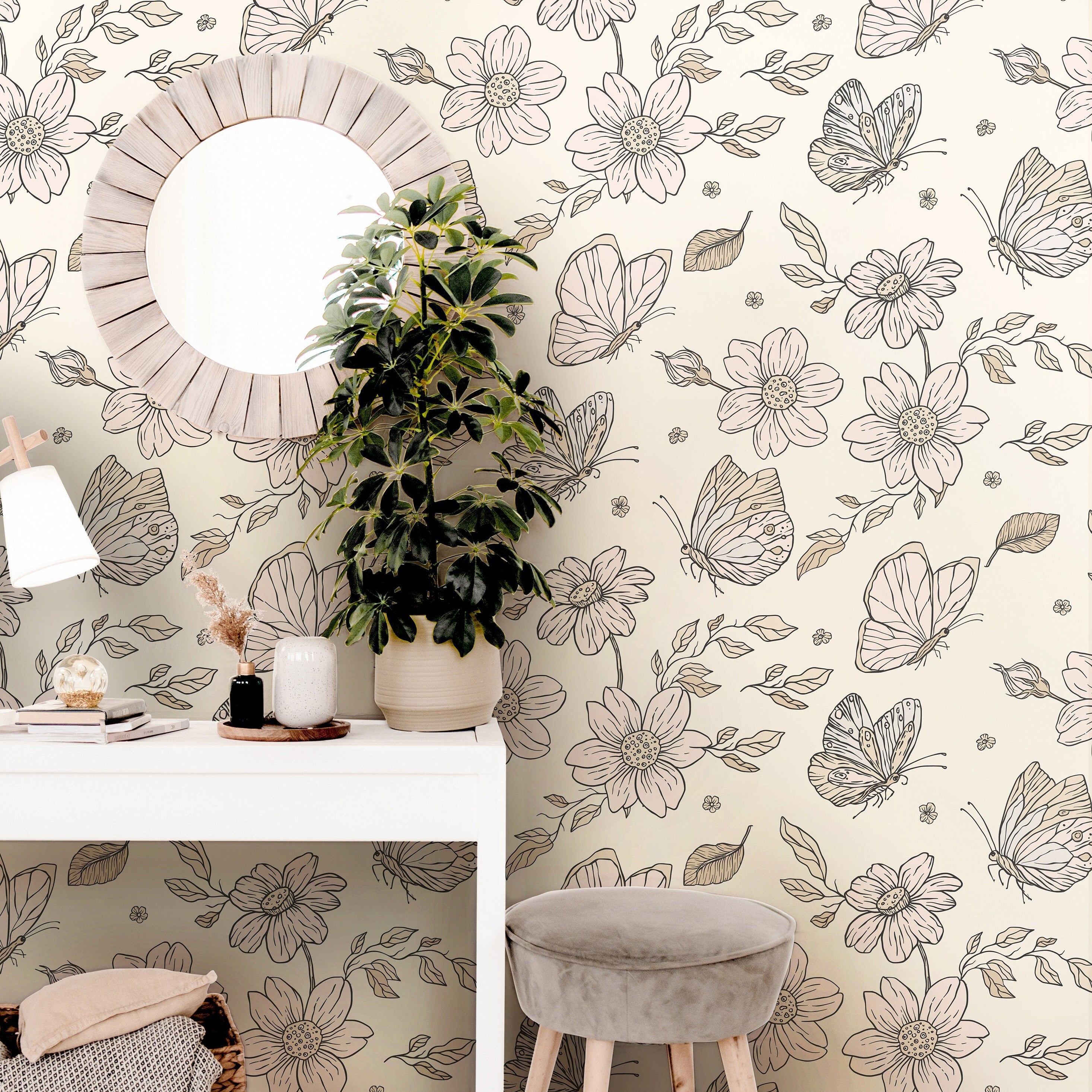 Pink Floral Butterfly Wallpaper | Girls Nursery Wallpaper | Kids Wallpaper | Childrens Wallpaper | Peel Stick Removable Wallpaper | 831 - James And Colors