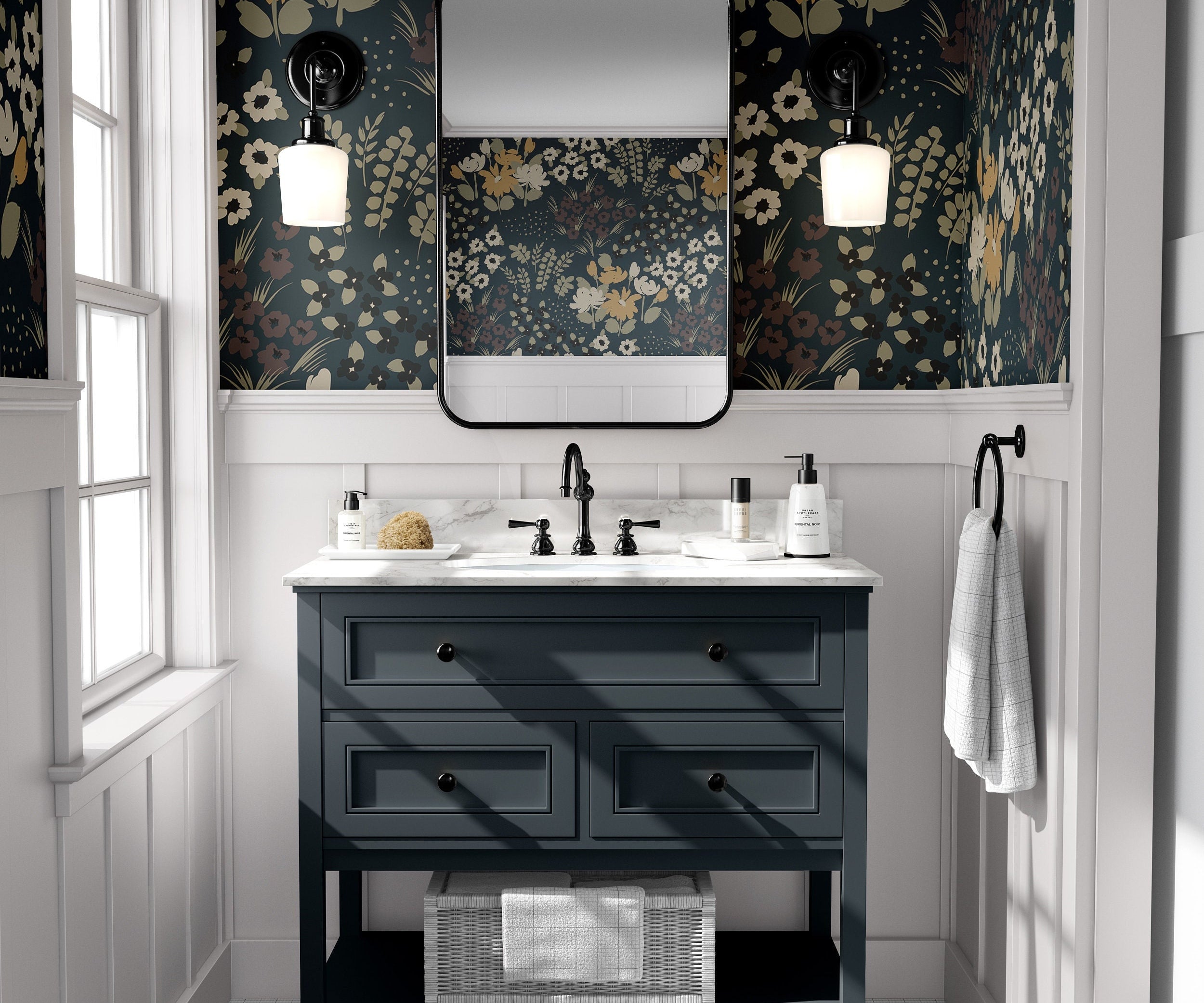 Wallpaper 763: A moody floral wallpaper featuring golden and ivory wildflowers on a deep black background, adding vintage elegance and dramatic charm to any bathroom or living space.