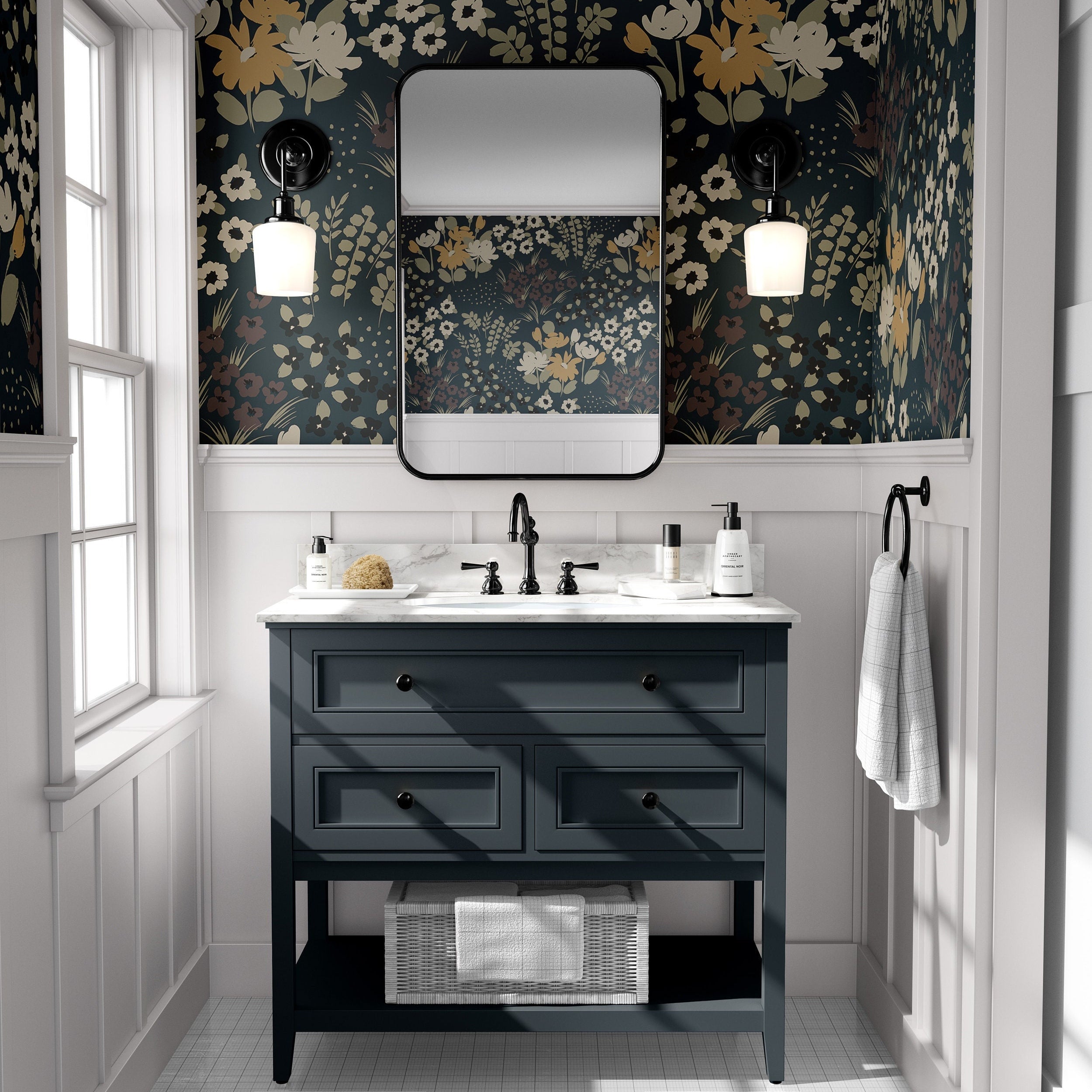 Wallpaper 763: A moody floral wallpaper featuring golden and ivory wildflowers on a deep black background, adding vintage elegance and dramatic charm to any bathroom or living space.