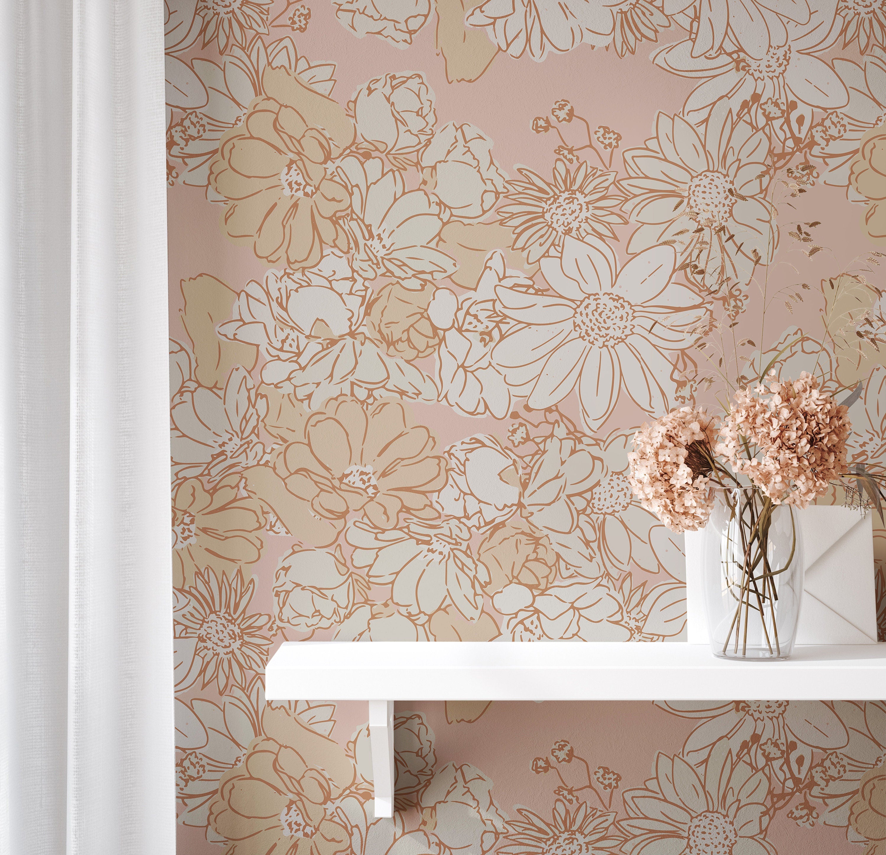 Pink Orange Floral Wallpaper Peel and Stick Wallpaper Removable Wallpaper Wall Decor Home Decor Wall Art Printable Wall Art Room Decor 925A - James And Colors