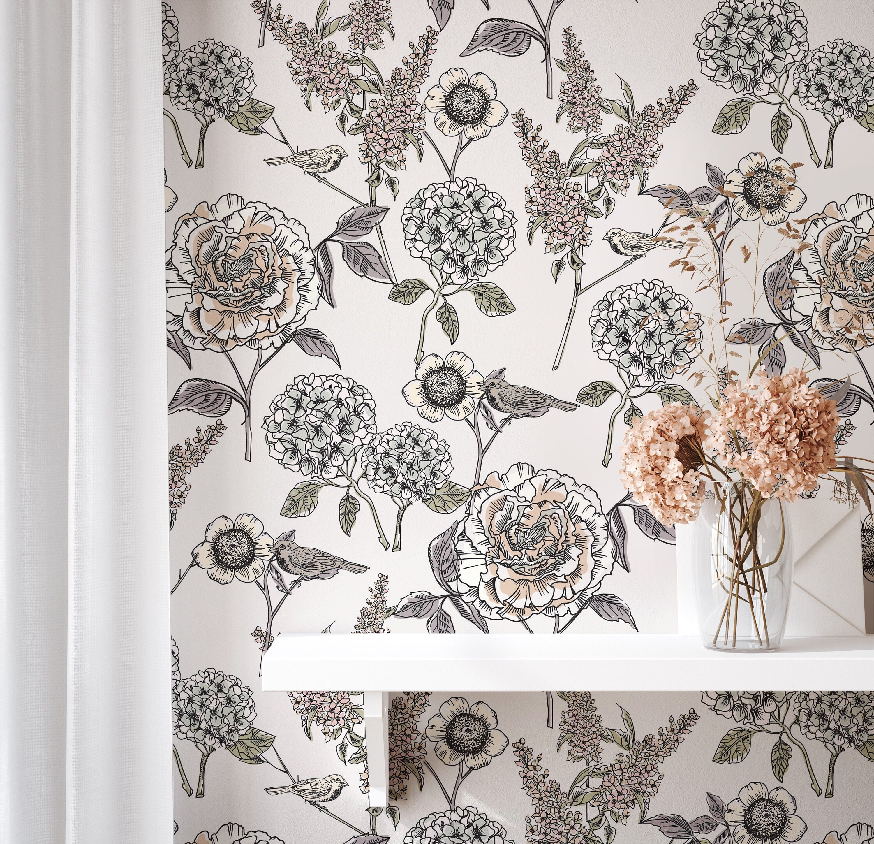 Wallpaper Peel and Stick Wallpaper Hydrangeas Floral Vintage Removable Wallpaper Wall Decor Home Decor Wall Art Room Decor 927A