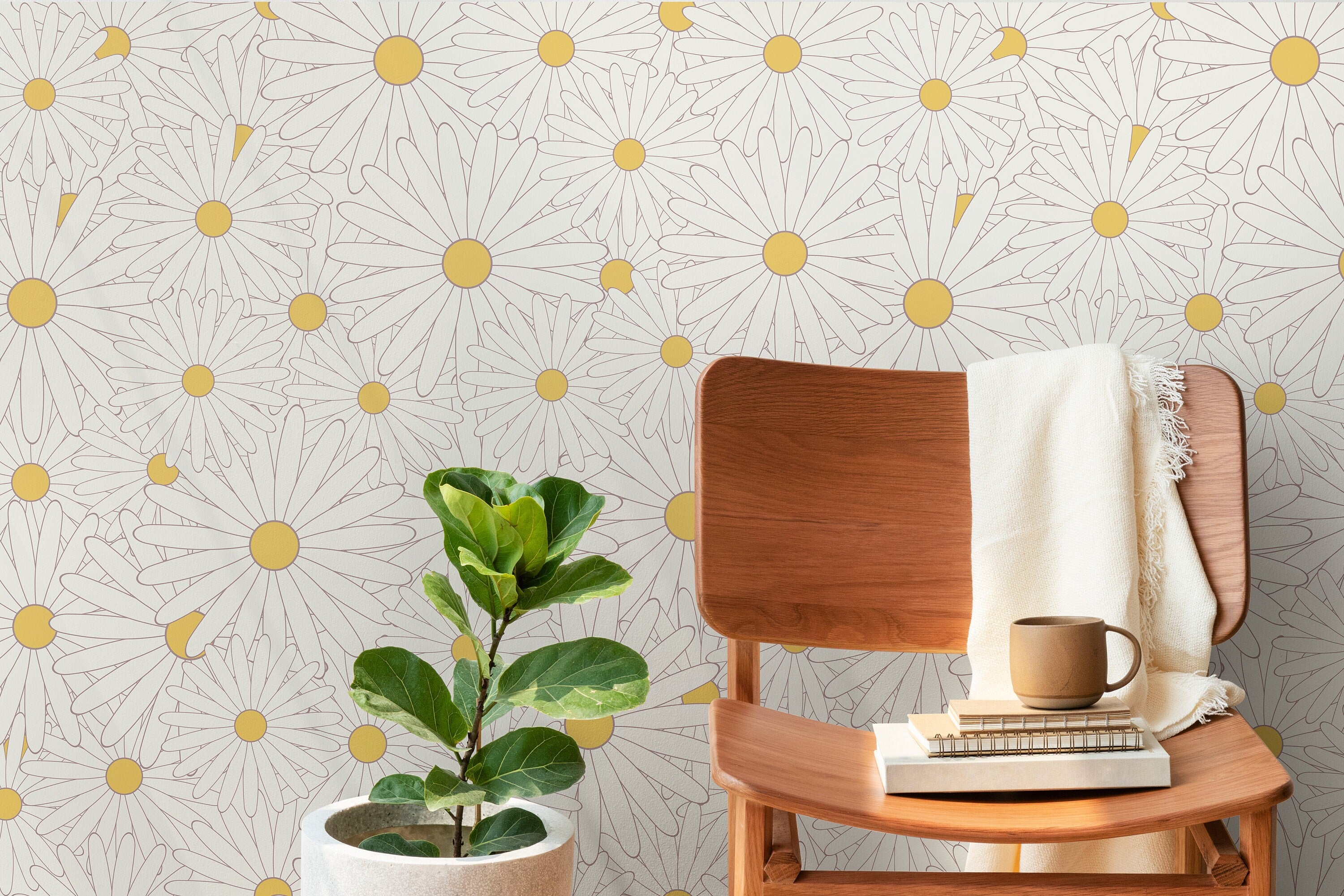 Yellow Daisy Floral Wallpaper Peel and Stick Wallpaper Removable Wallpaper Wall Decor Home Decor Wall Art Printable Wall Art Room Decor 922A