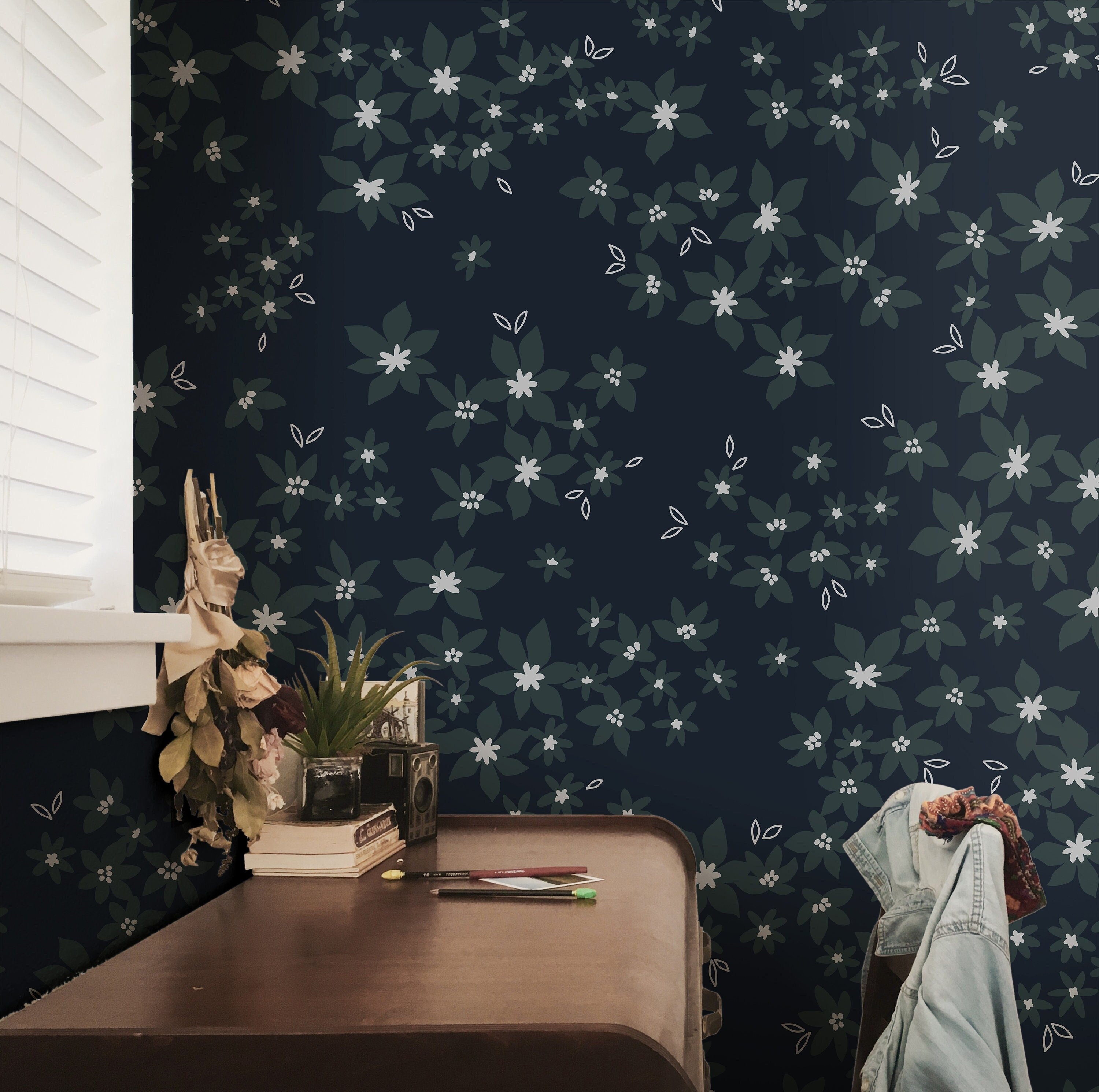 Navy Boho Floral Wallpaper Peel and Stick Wallpaper Removable Wallpape ...