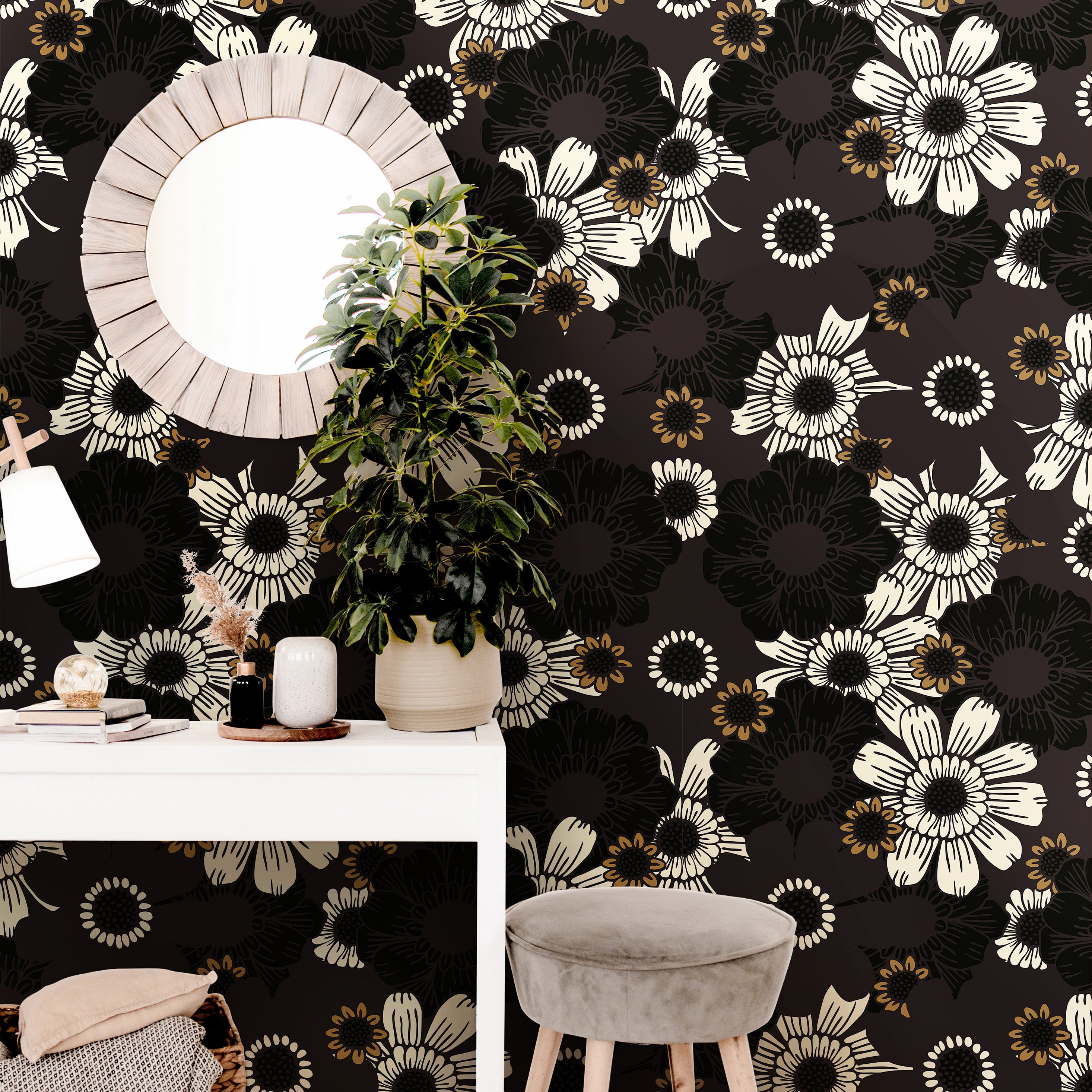 Gold Black Floral Wallpaper Peel and Stick Wallpaper Removable Wallpaper Wall Decor Home Decor Wall Art Printable Wall Art Room Decor 901A