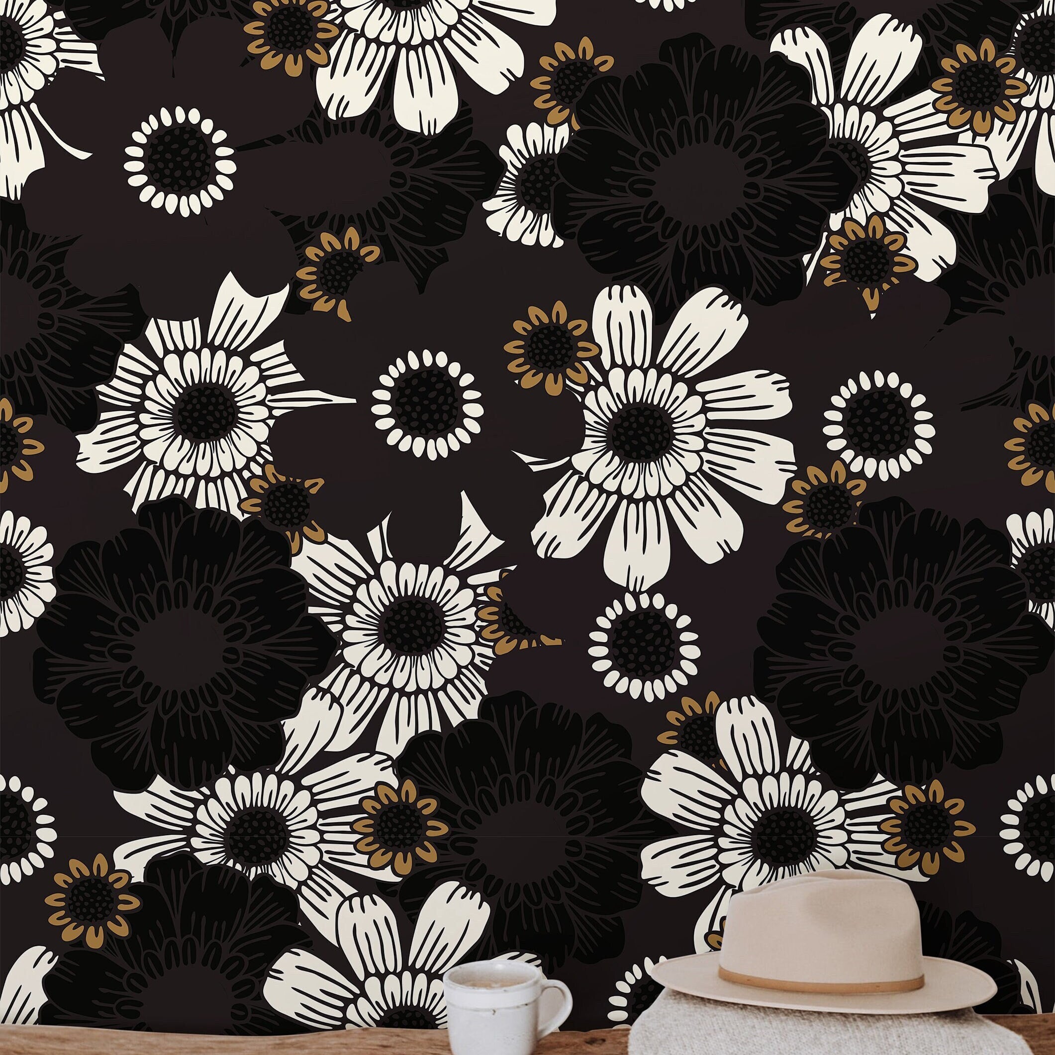 Gold Black Floral Wallpaper Peel and Stick Wallpaper Removable Wallpaper Wall Decor Home Decor Wall Art Printable Wall Art Room Decor 901A