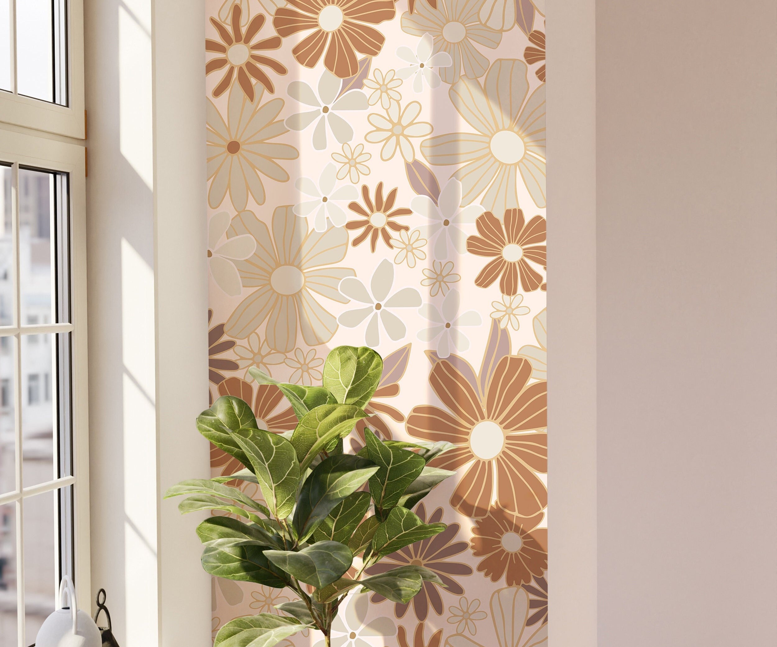 Retro Orange Pink Golden Floral Wallpaper Peel and Stick Wallpaper Removable Wallpaper Wall Decor Home Decor Wall Art Room Decor 897A