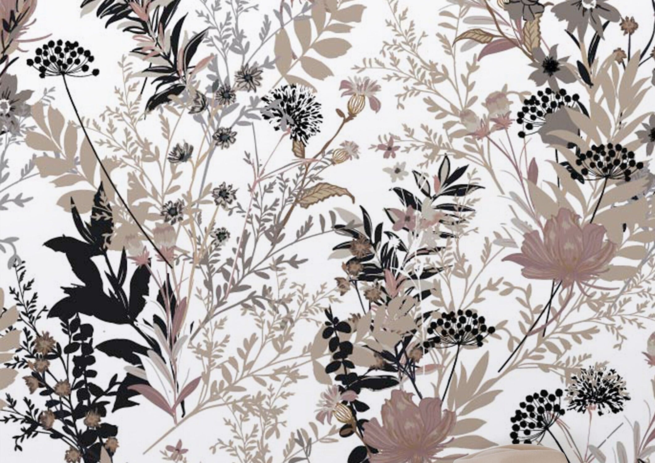 Wallpaper 896A: A stylish, nature-inspired wallpaper featuring intricate wildflowers in soft beige, black, and muted taupe tones on a white background. Perfect for creating a cozy, elegant accent wall in bedrooms, living rooms, or offices