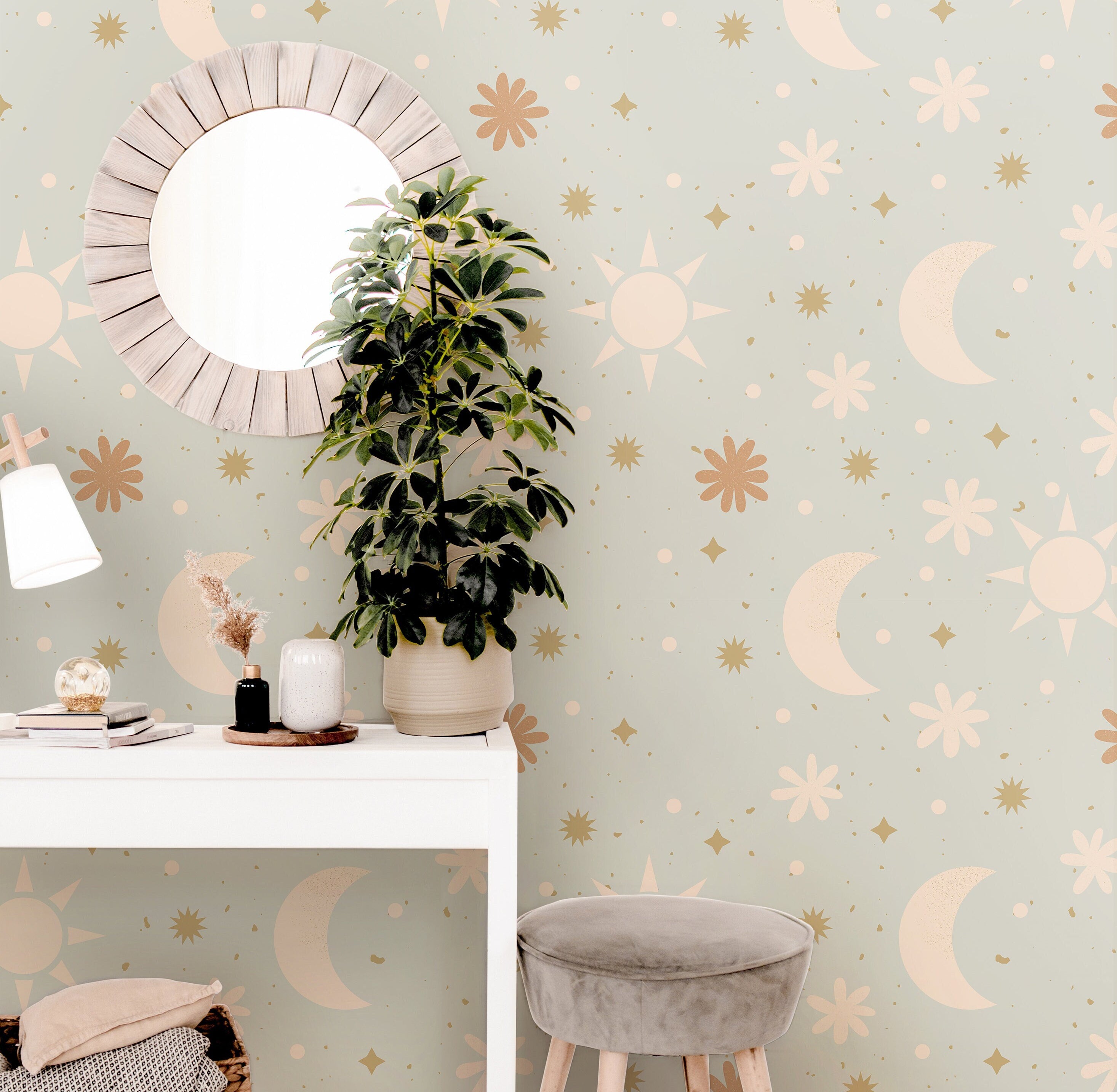 Mint Floral Golden Stars Moon Sun Boho Wallpaper Peel and Stick Wallpaper Removable Wallpaper Wall Decor Home Decor Wall Art Room Decor 888A