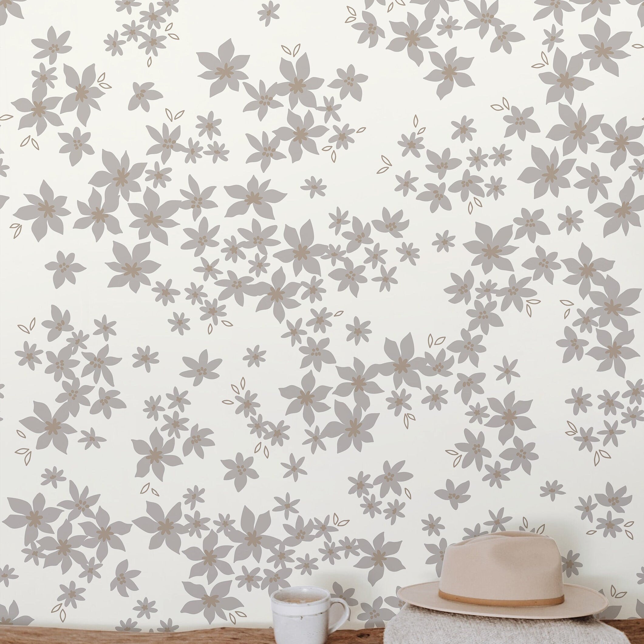 Wallpaper Peel and Stick Wallpaper Light Neutral Cream Gray Floral Removable Wallpaper Wall Decor Home Decor Wall Art Room Decor 880