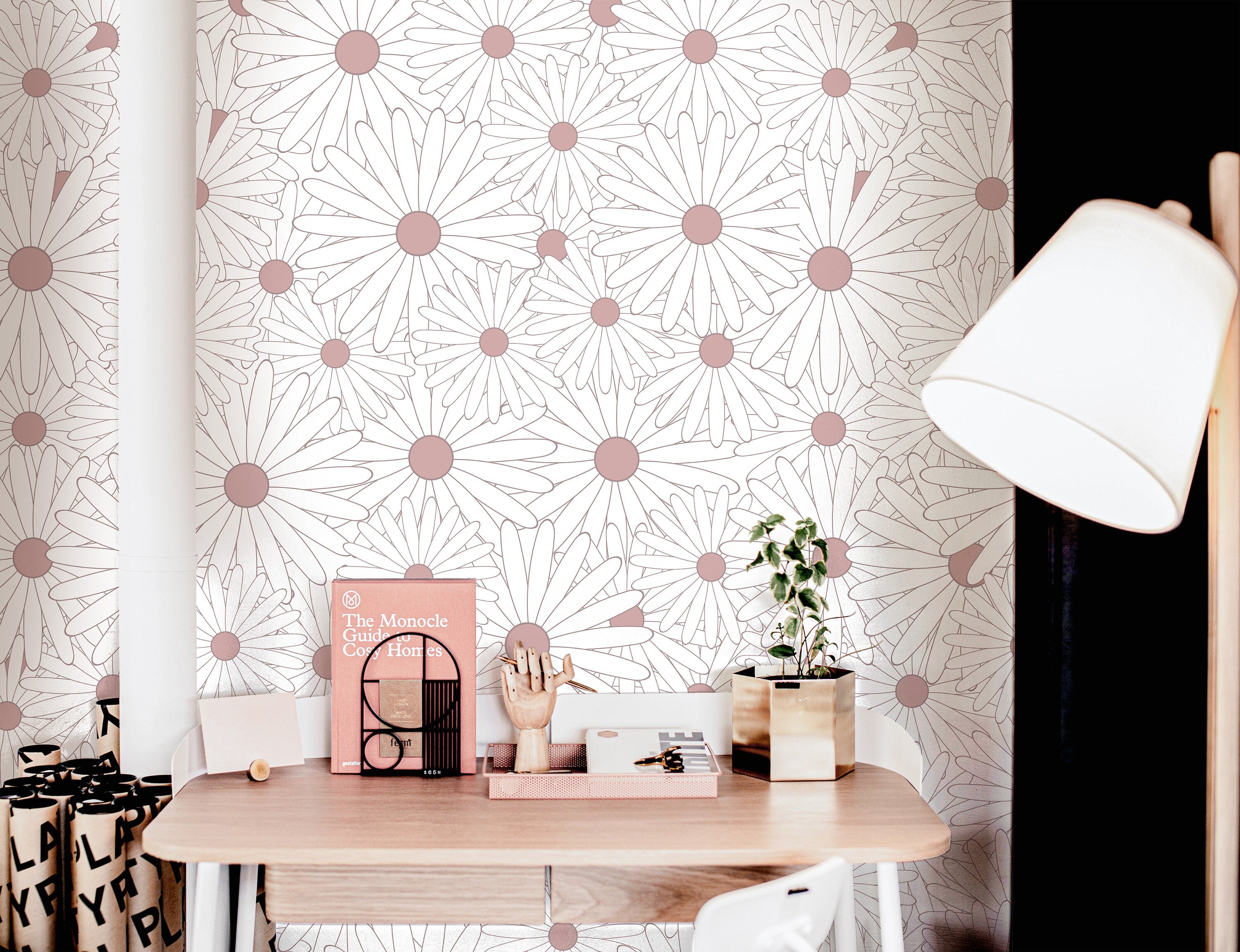 Pink Daisy Floral Wallpaper Peel and Stick Wallpaper Removable Wallpaper Wall Decor Home Decor Wall Art Printable Wall Art Room Decor 874