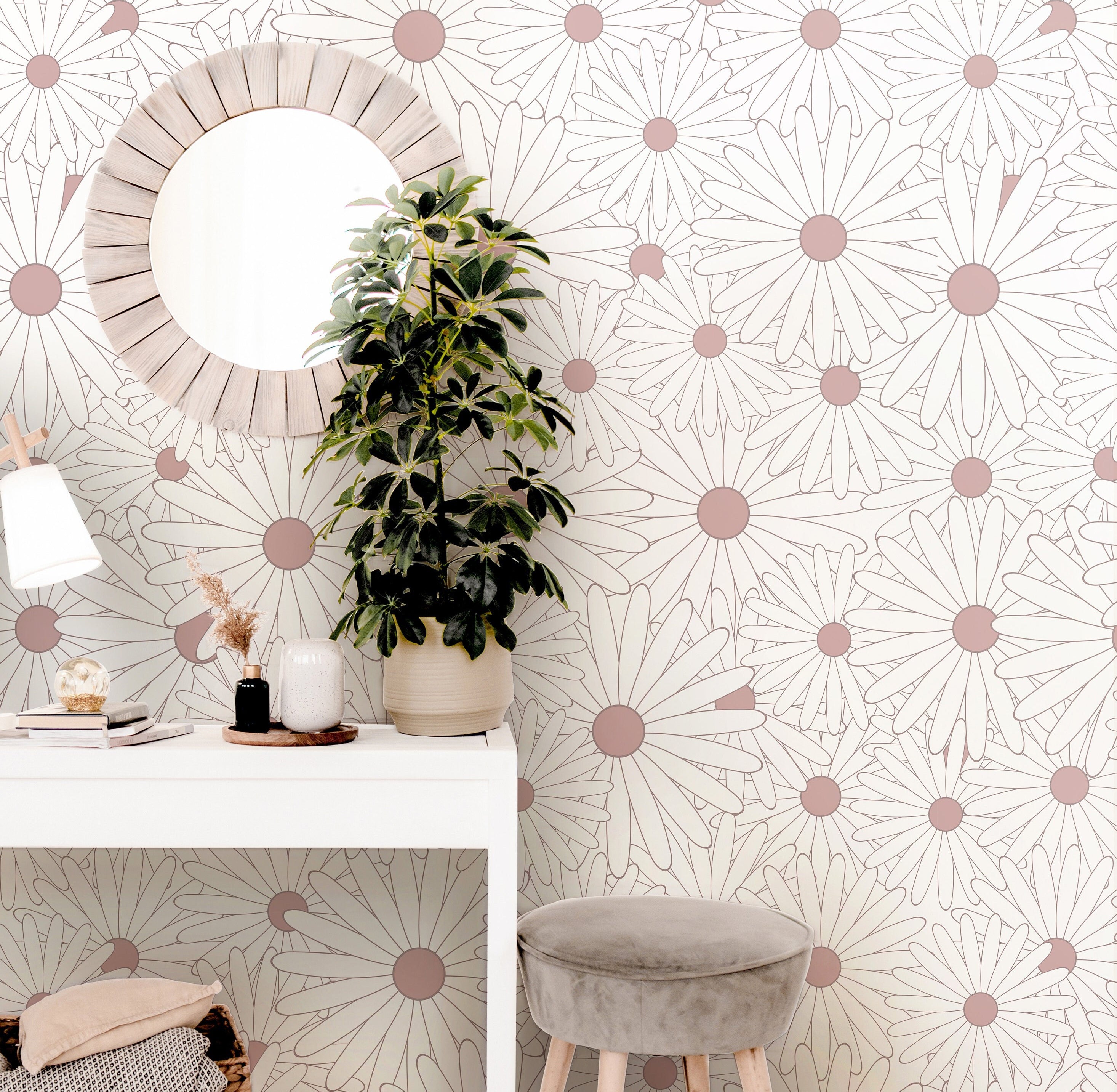 Pink Daisy Floral Wallpaper Peel and Stick Wallpaper Removable Wallpaper Wall Decor Home Decor Wall Art Printable Wall Art Room Decor 874