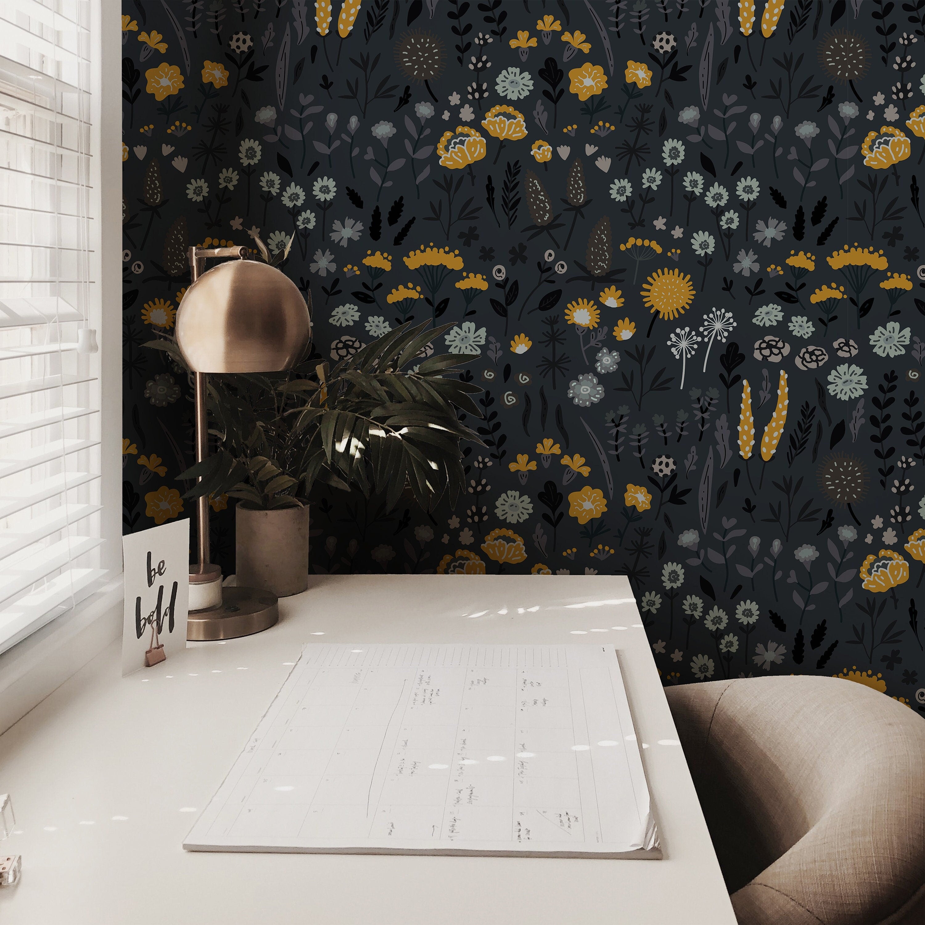 Dark Blue and Yellow Floral Garden Wallpaper Peel and Stick Wallpaper Removable Wallpaper Wall Decor Home Decor Wall Art Room Decor 865