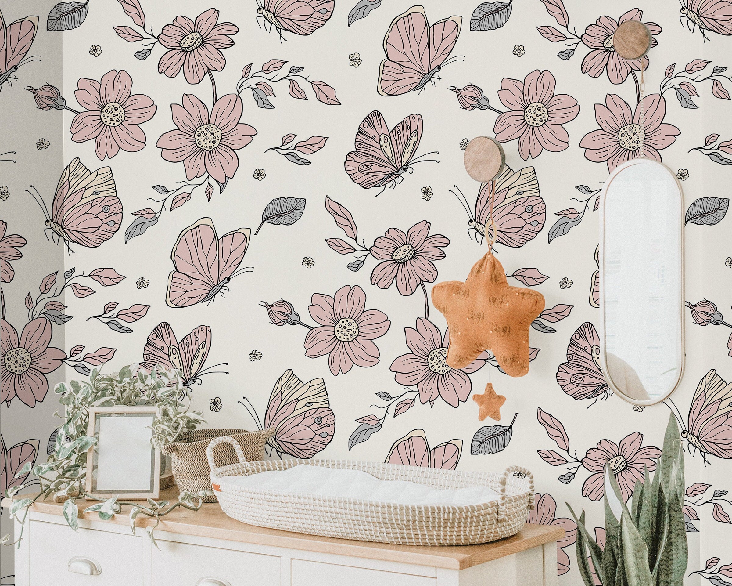 Pink Butterfly Floral Wallpaper | Girls Nursery Wallpaper | Kids Wallpaper | Childrens Wallpaper | Peel Stick Removable Wallpaper | 872