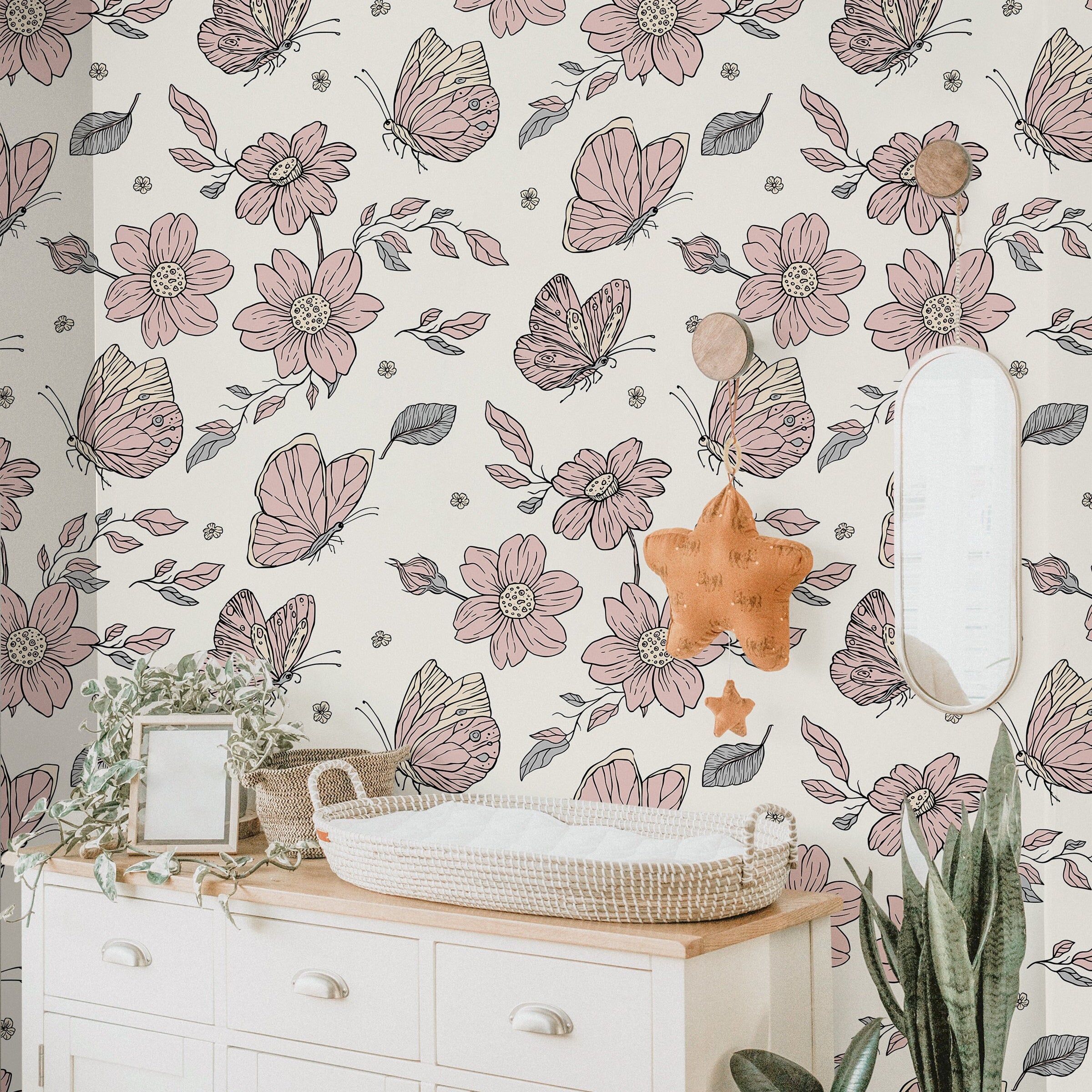 Pink Butterfly Floral Wallpaper | Girls Nursery Wallpaper | Kids Wallpaper | Childrens Wallpaper | Peel Stick Removable Wallpaper | 872