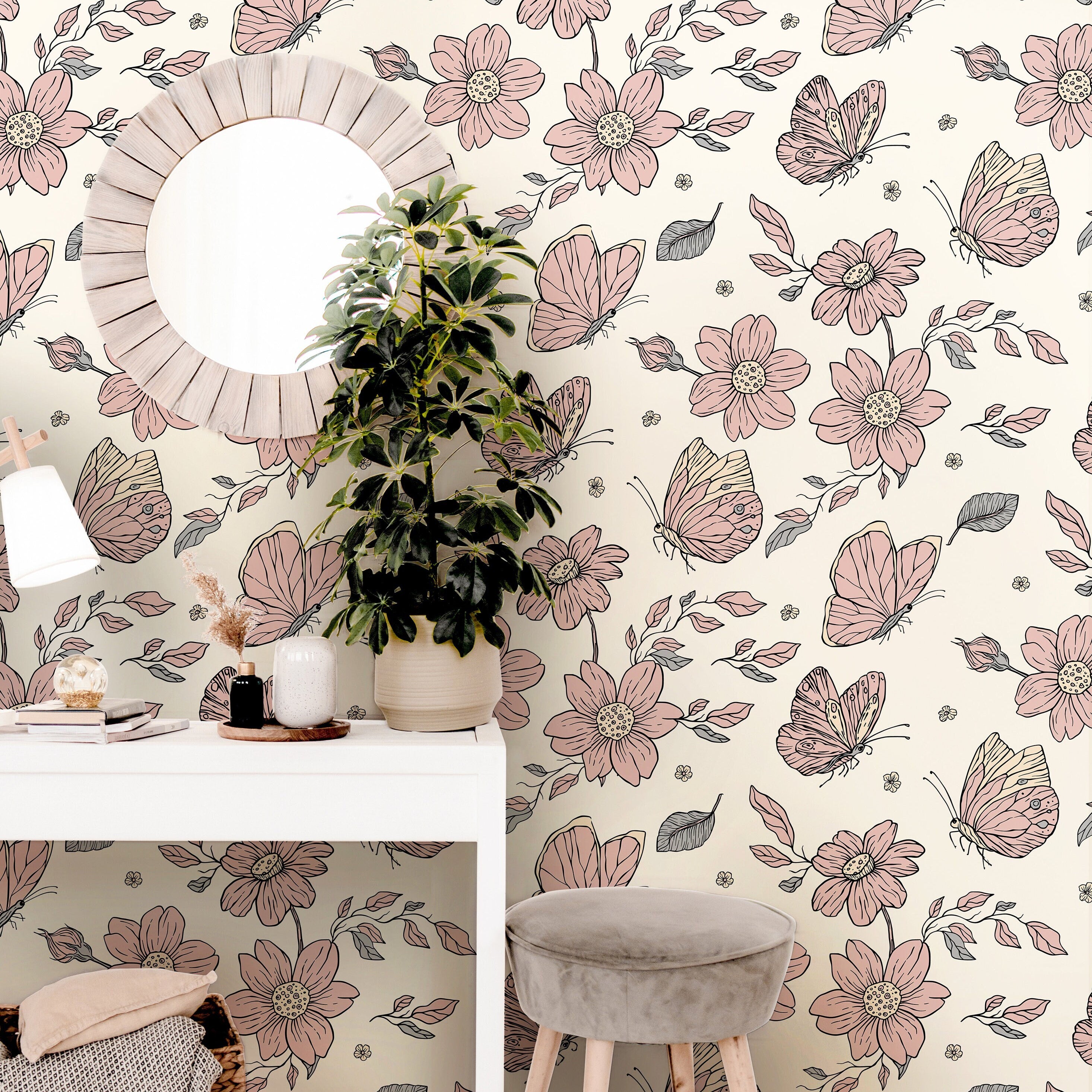 Pink Butterfly Floral Wallpaper | Girls Nursery Wallpaper | Kids Wallpaper | Childrens Wallpaper | Peel Stick Removable Wallpaper | 872