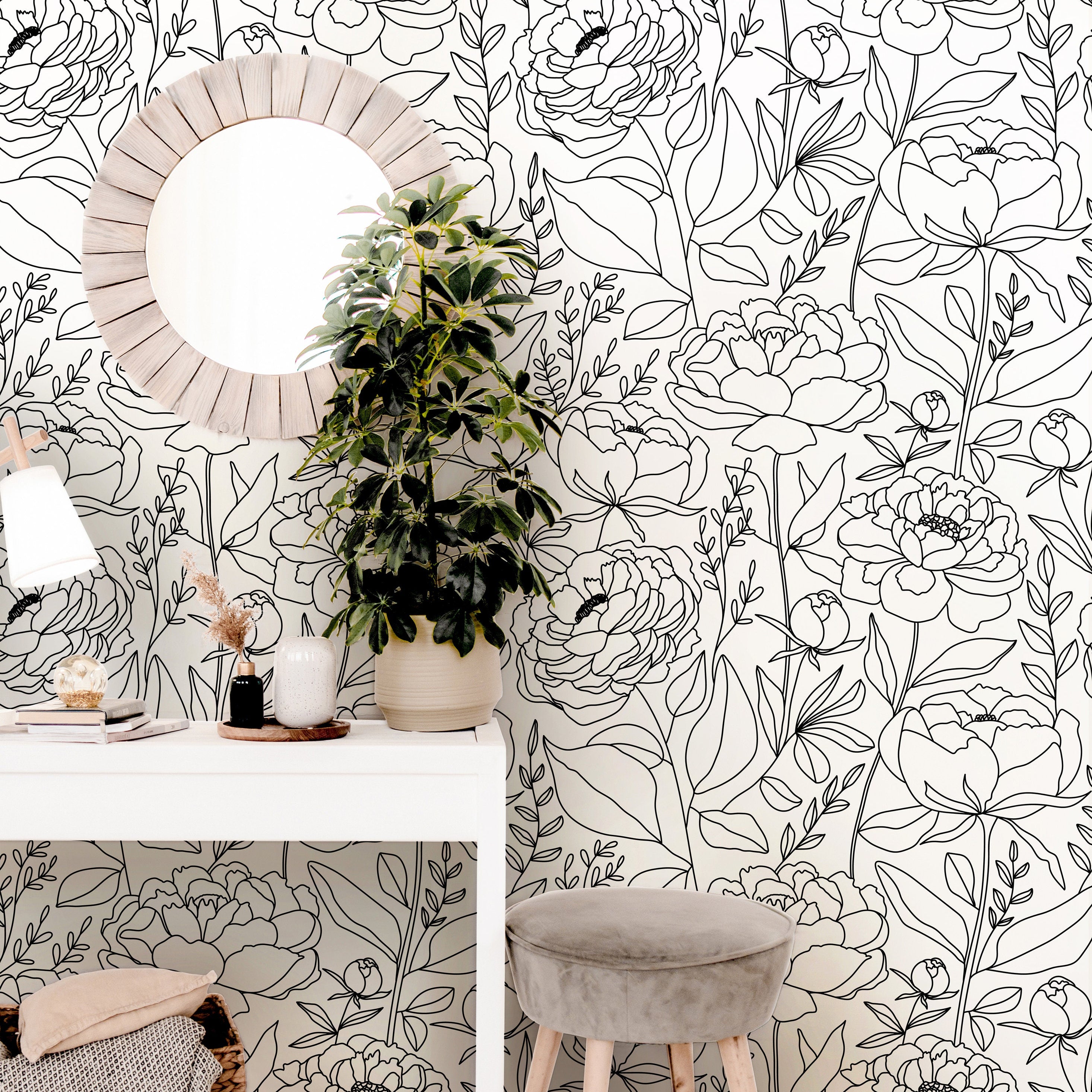 Wallpaper Peel and Stick Wallpaper Black White Large Floral Outline Removable Wallpaper Wall Decor Home Decor Wall Art Room Decor 914 - James And Colors