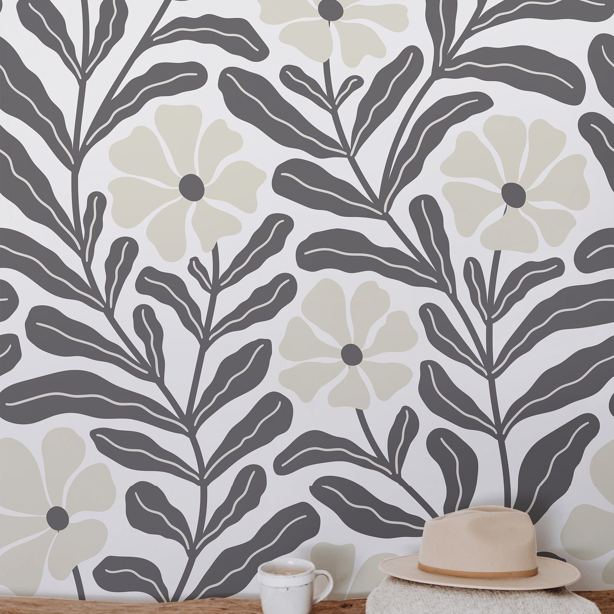 Wallpaper Peel and Stick Wallpaper Abstract Gray White Large Floral Removable Wallpaper Wall Decor Home Decor Wall Art Room Decor 845