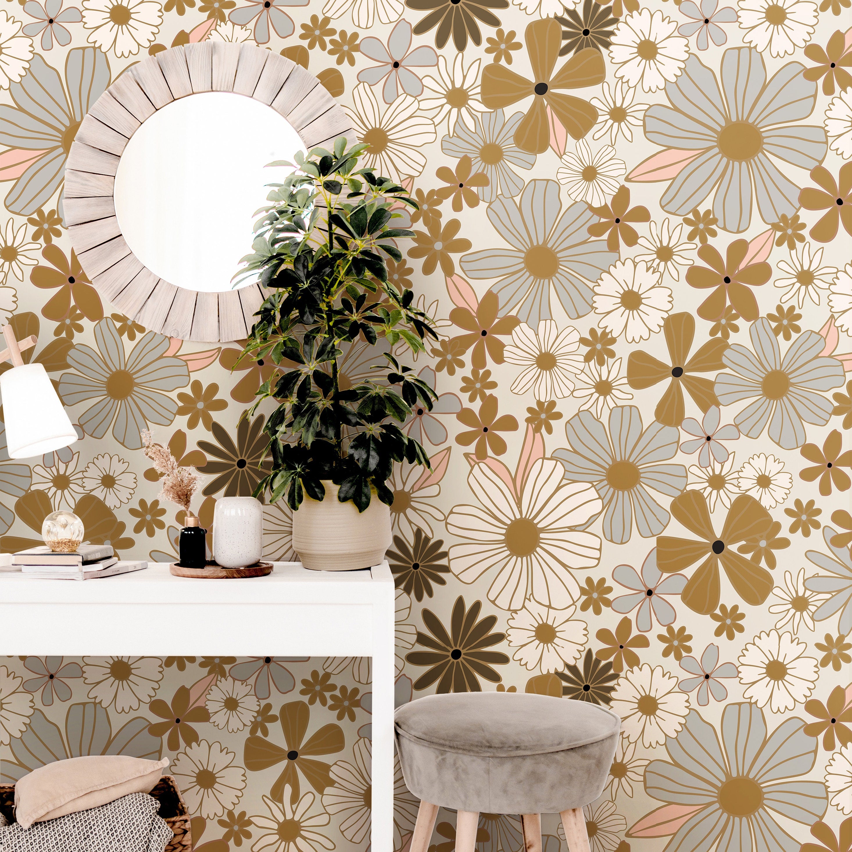 Pink Golden Floral Boho Wallpaper | Girls Nursery Wallpaper | Kids Wallpaper | Childrens Wallpaper | Peel Stick Removable Wallpaper | 909 - James And Colors