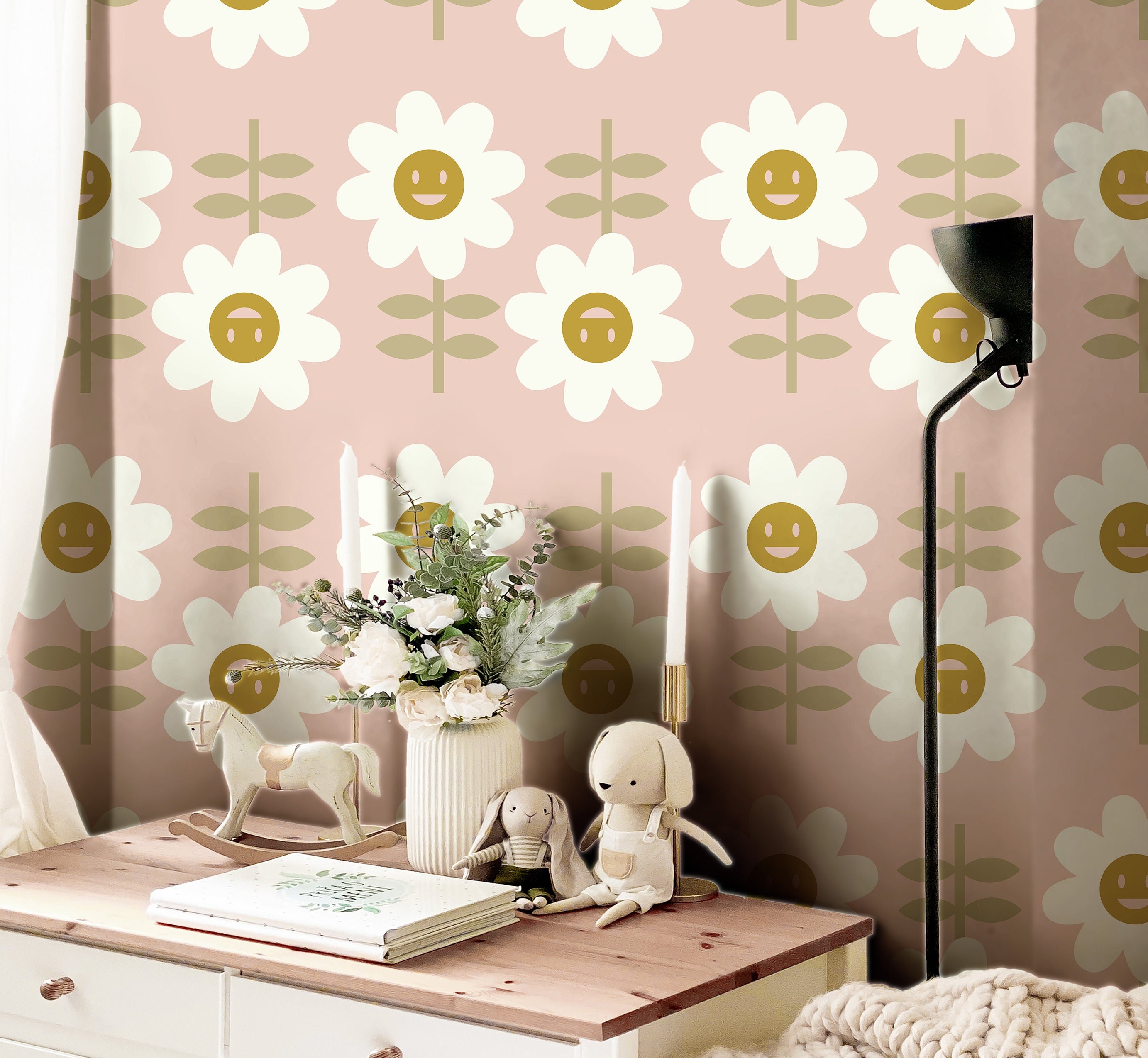 Pink Happy Daisies Floral Wallpaper | Girls Nursery Wallpaper | Kids Wallpaper | Childrens Wallpaper | Peel Stick Removable Wallpaper | 910 - James And Colors
