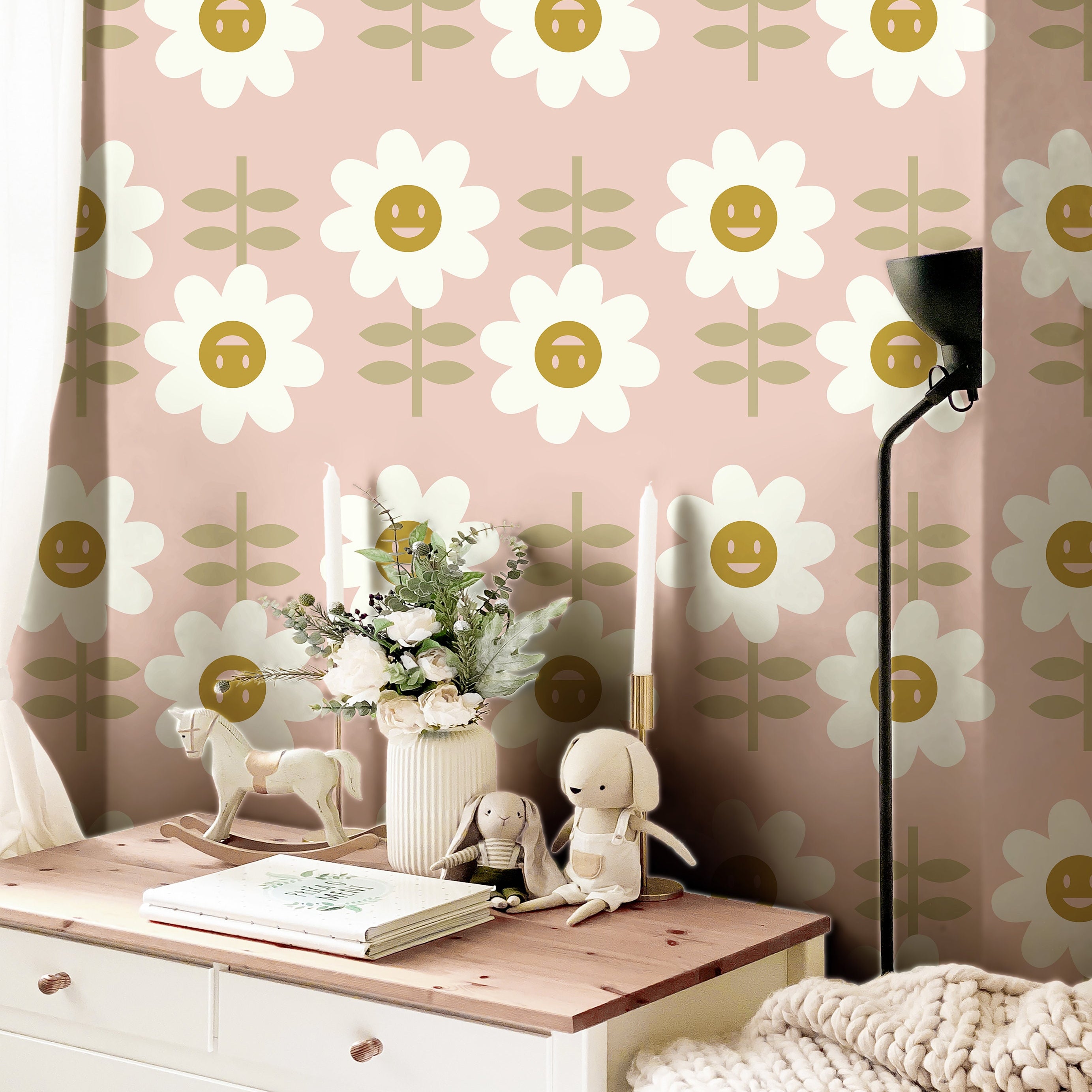 Pink Happy Daisies Floral Wallpaper | Girls Nursery Wallpaper | Kids Wallpaper | Childrens Wallpaper | Peel Stick Removable Wallpaper | 910 - James And Colors