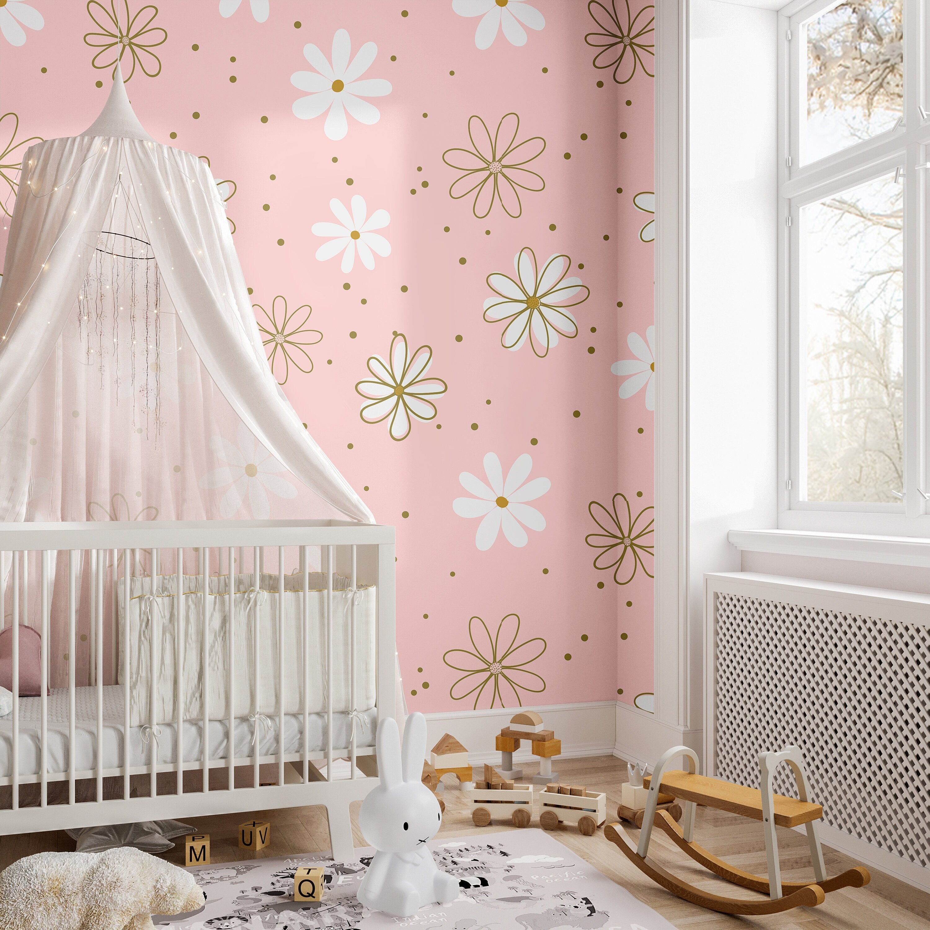 Pink Golden Floral Boho Wallpaper | Girls Nursery Wallpaper | Kids Wallpaper | Childrens Wallpaper | Peel Stick Removable Wallpaper | 907 - James And Colors