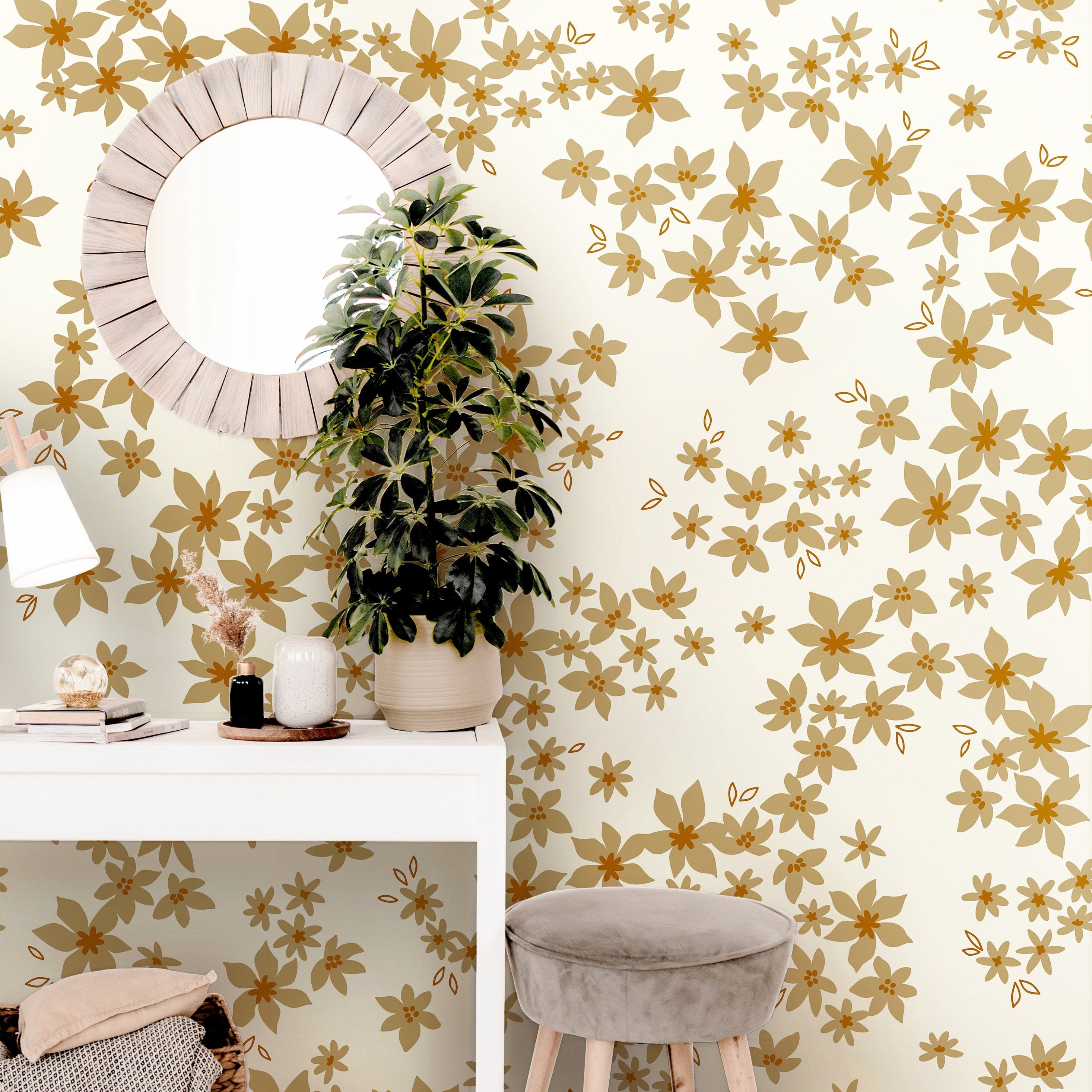 Wallpaper Peel and Stick Wallpaper Cream and Tan Golden Little Florals  Removable Wallpaper Wall Decor Home Decor Wall Art Room Decor 906 - James And Colors
