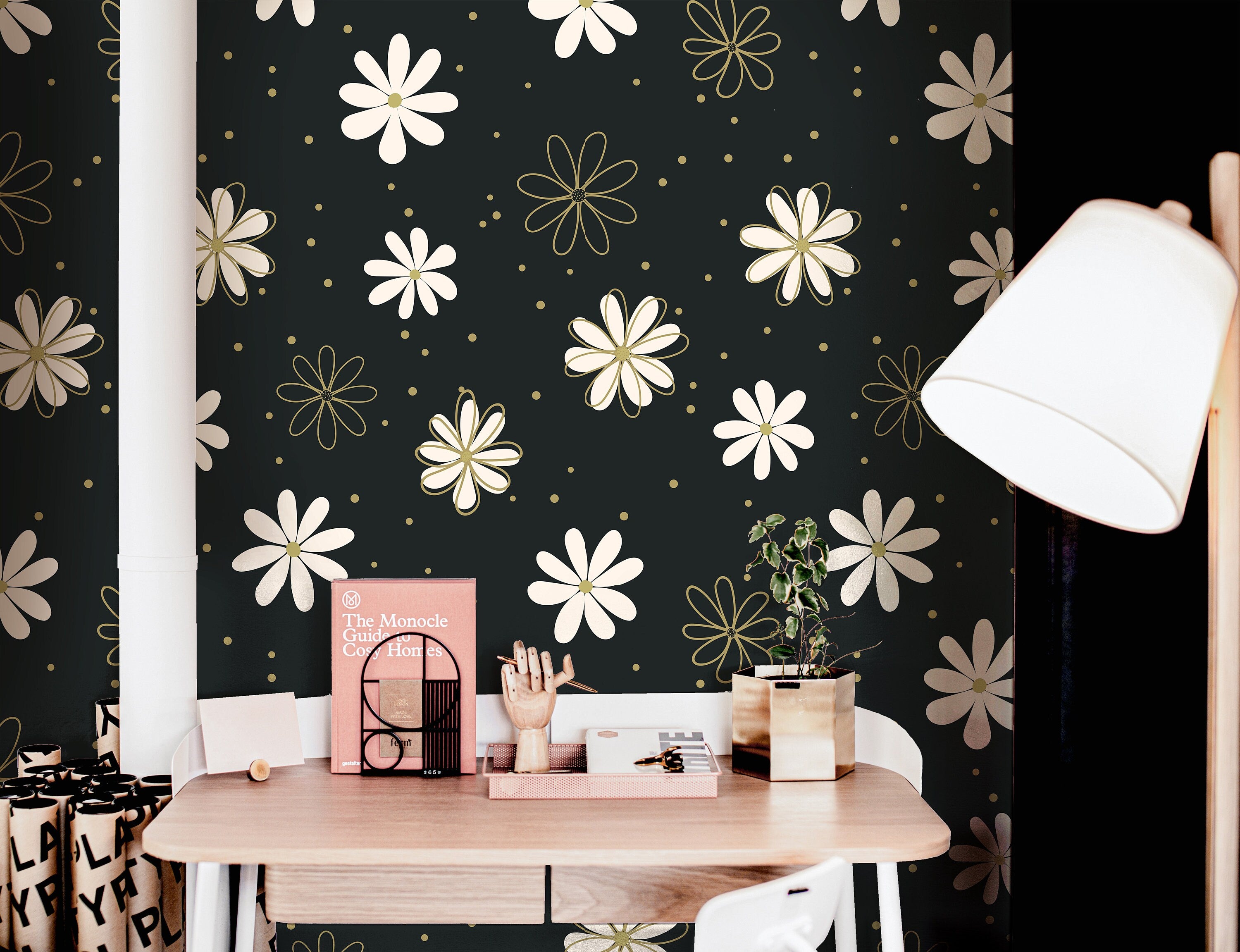 Wallpaper Peel and Stick Wallpaper Daisy Black White Gold Floral Removable Wallpaper Wall Decor Home Decor Wall Art Room Decor 900 - James And Colors