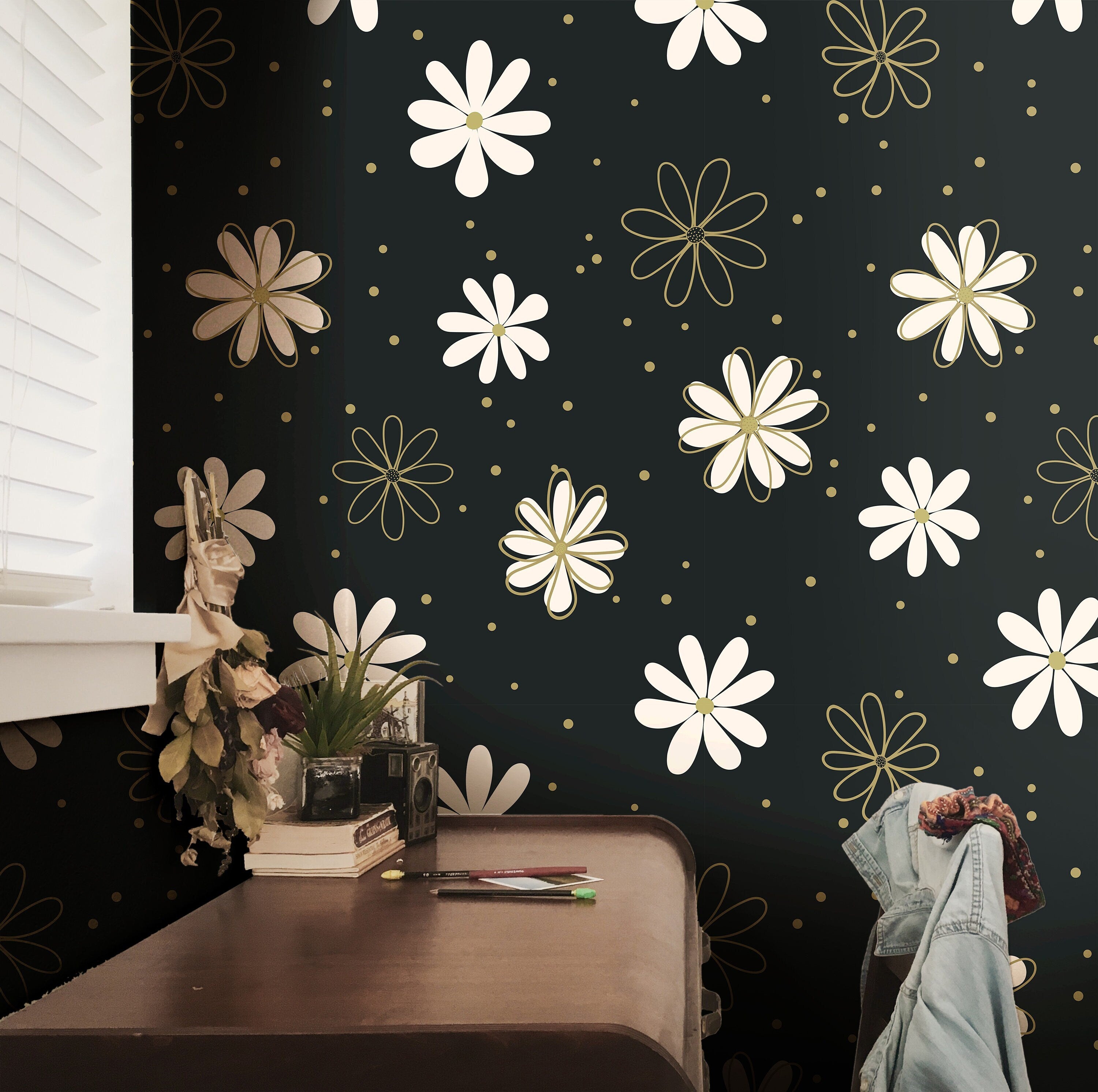 Wallpaper Peel and Stick Wallpaper Daisy Black White Gold Floral Removable Wallpaper Wall Decor Home Decor Wall Art Room Decor 900 - James And Colors