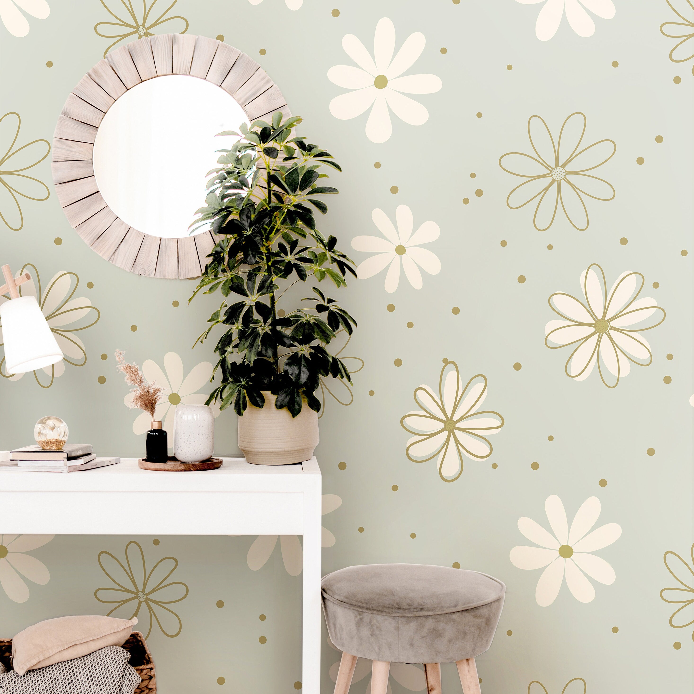 Wallpaper Peel and Stick Wallpaper Daisy Mint White Gold Floral Removable Wallpaper Wall Decor Home Decor Wall Art Room Decor 899 - James And Colors