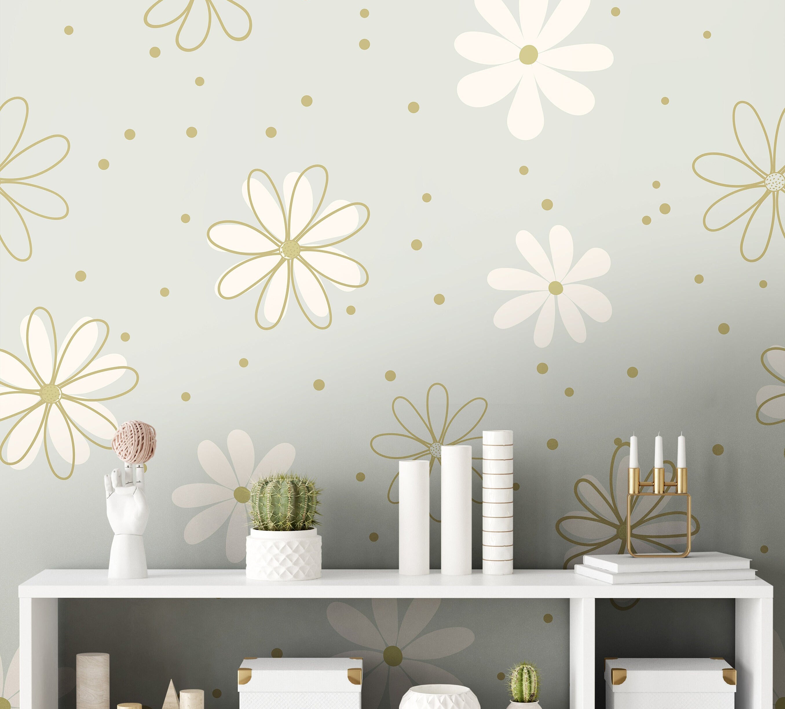 Wallpaper Peel and Stick Wallpaper Daisy Mint White Gold Floral Removable Wallpaper Wall Decor Home Decor Wall Art Room Decor 899 - James And Colors