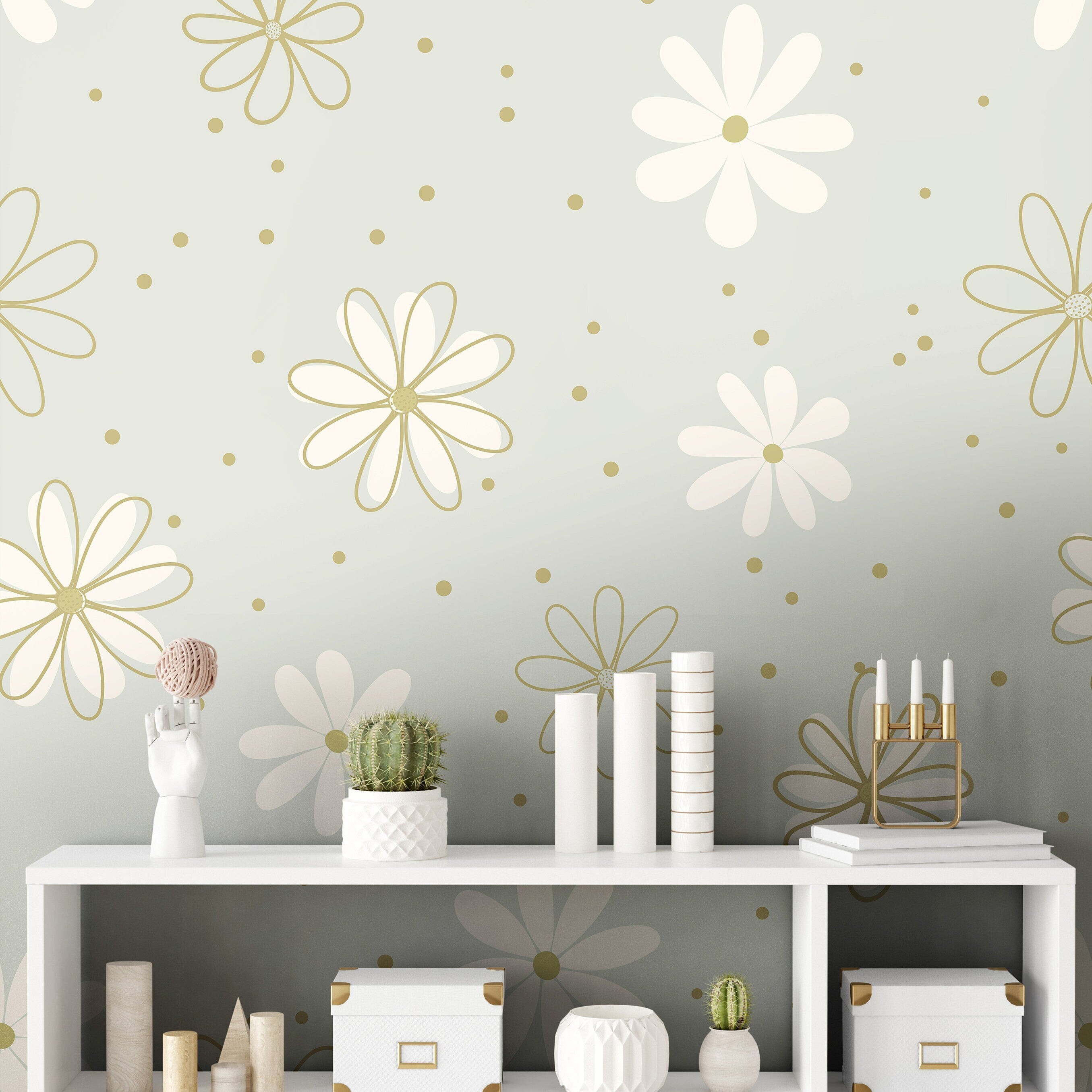 Wallpaper Peel and Stick Wallpaper Daisy Mint White Gold Floral Removable Wallpaper Wall Decor Home Decor Wall Art Room Decor 899 - James And Colors