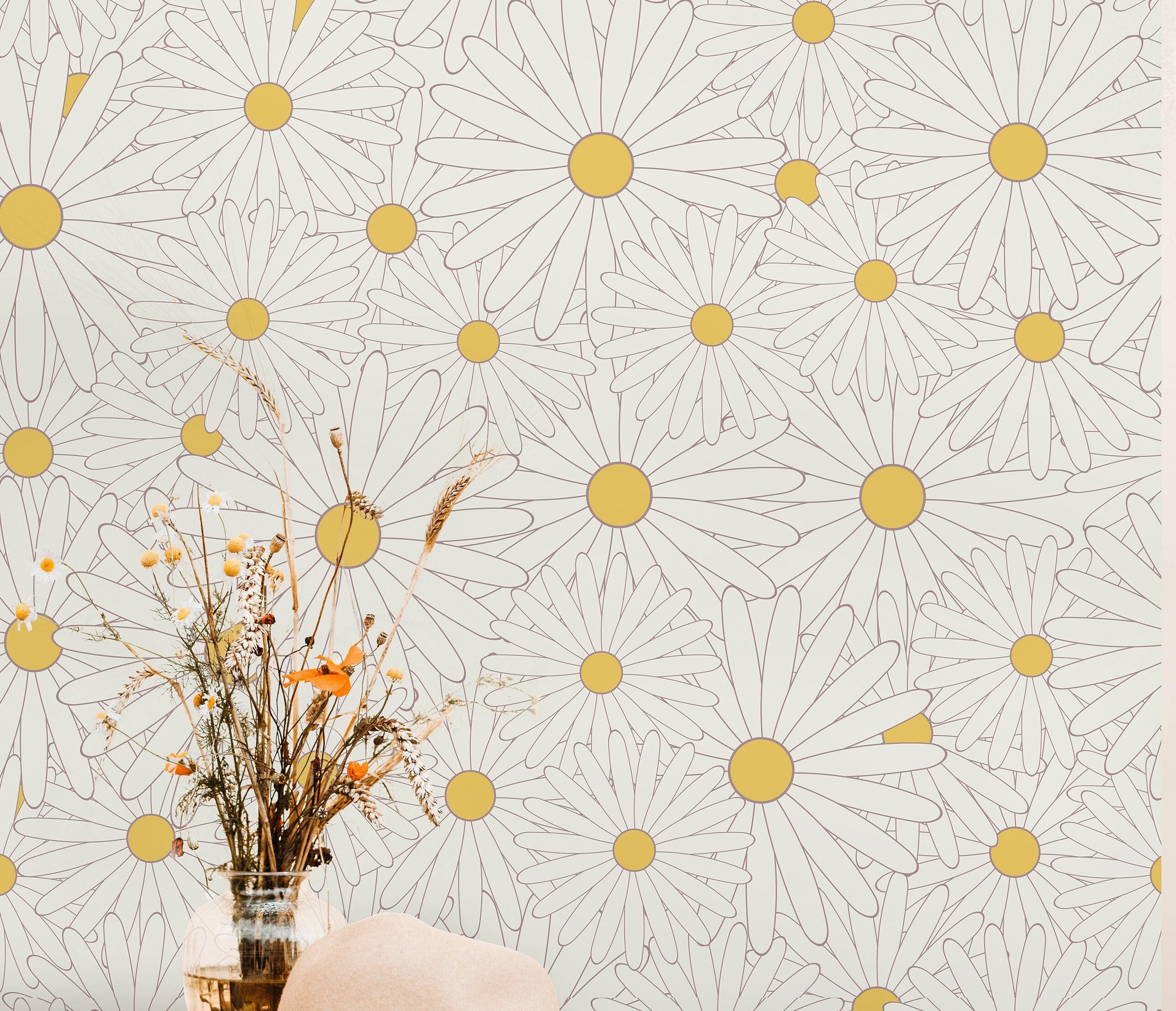 Yellow Daisy Floral Wallpaper Peel and Stick Wallpaper Removable Wallpaper Wall Decor Home Decor Wall Art Printable Wall Art Room Decor 922A