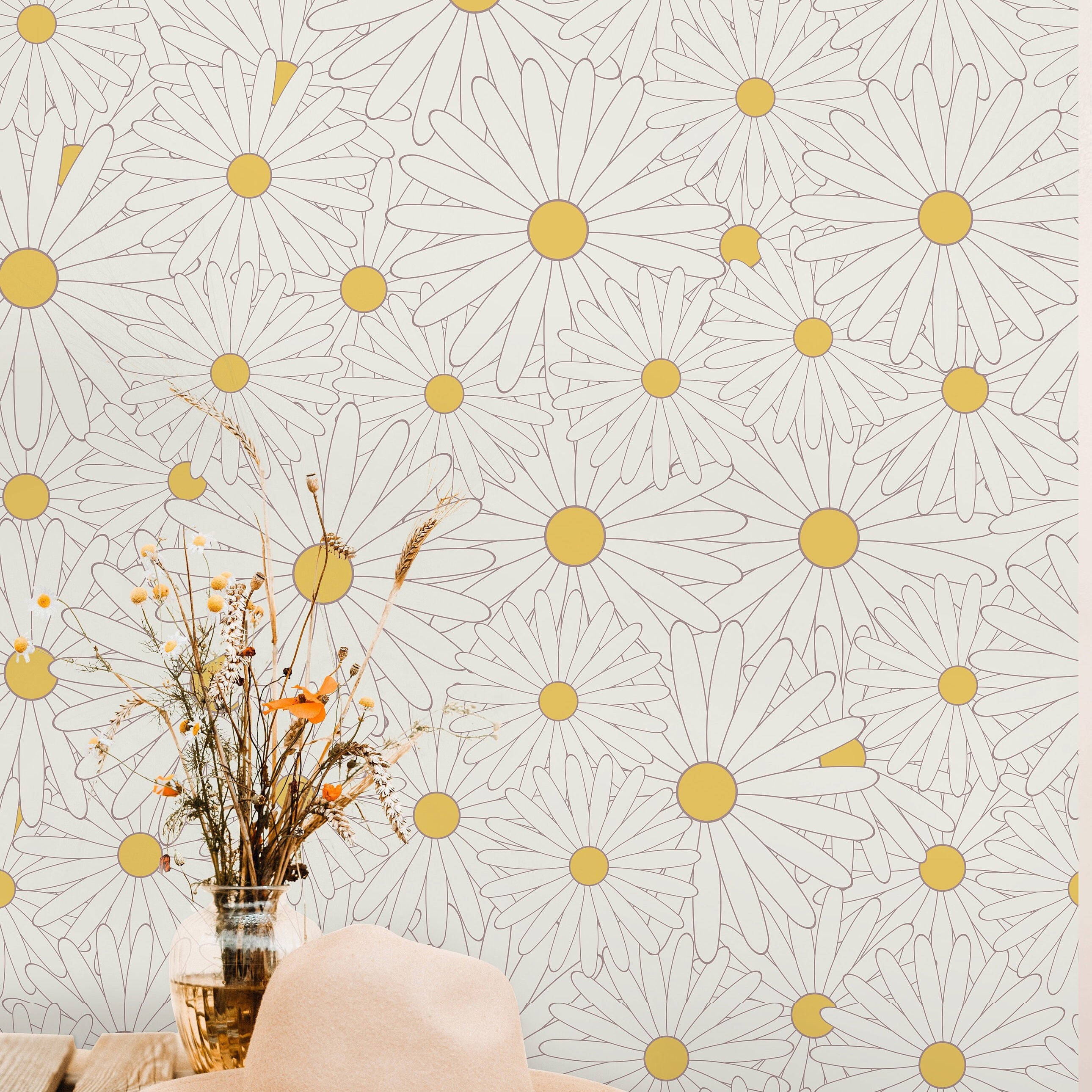 Yellow Daisy Floral Wallpaper Peel and Stick Wallpaper Removable Wallpaper Wall Decor Home Decor Wall Art Printable Wall Art Room Decor 922A