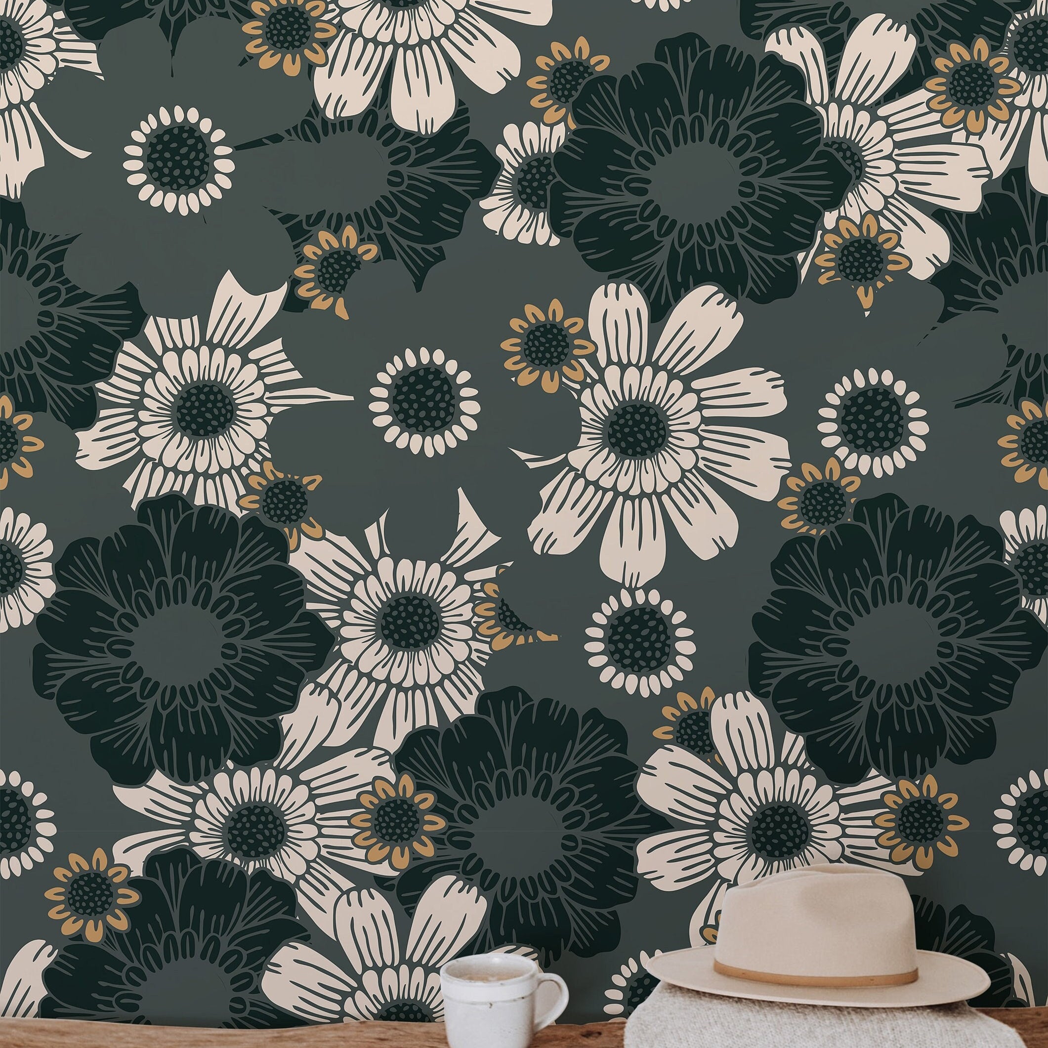 Moody Green Floral Wallpaper Peel and Stick Wallpaper Removable Wallpaper Wall Decor Home Decor Wall Art Printable Wall Art Room Decor 902 - James And Colors