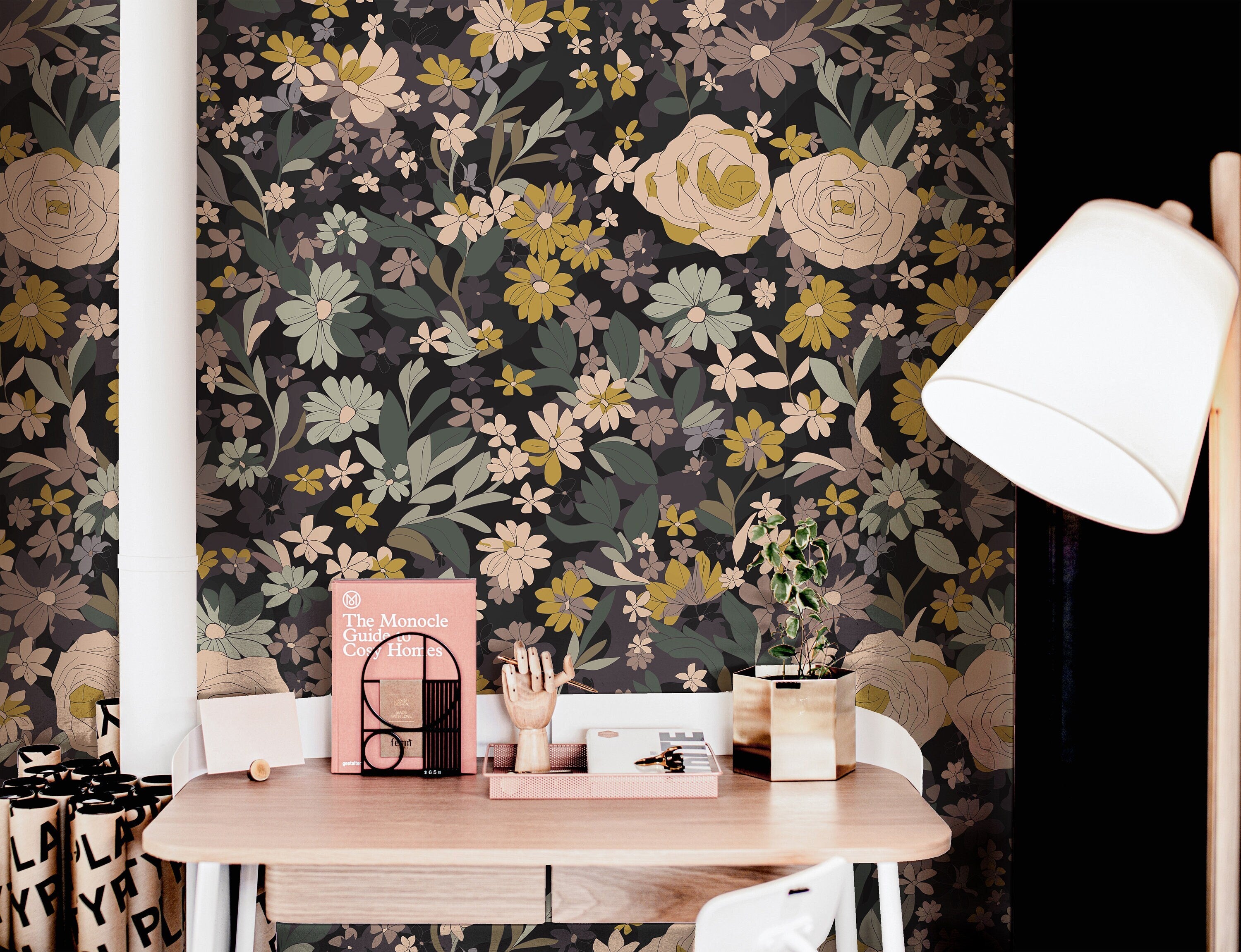 Dark Colorful Floral Golden Daisy Wallpaper Peel and Stick Wallpaper Removable Wallpaper Wall Decor Home Decor Wall Art Room Decor 890A