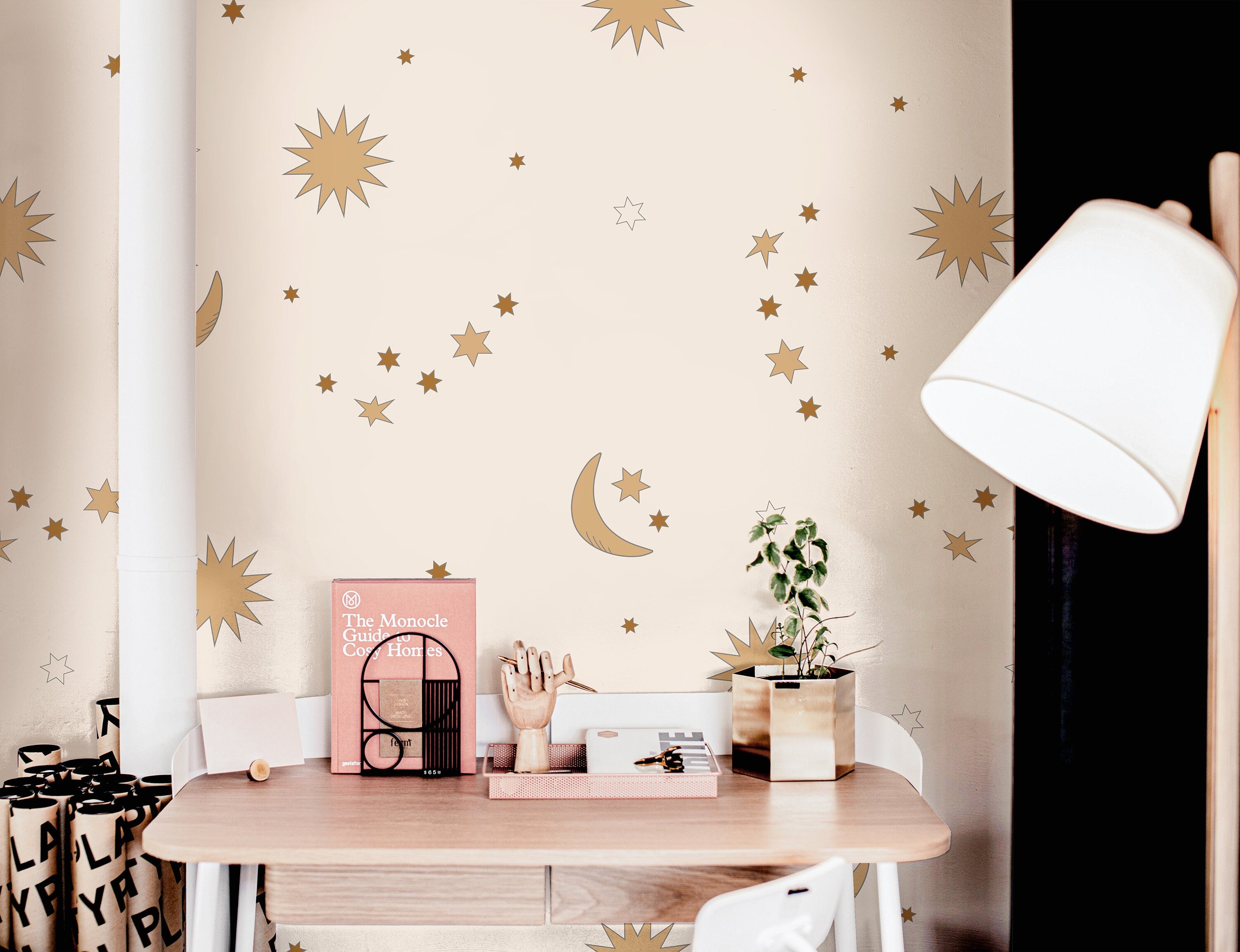 Golden Yellow Cream Stars Moon Boho Wallpaper Peel and Stick Wallpaper Removable Wallpaper Wall Decor Home Decor Wall Art Room Decor 889A - James And Colors