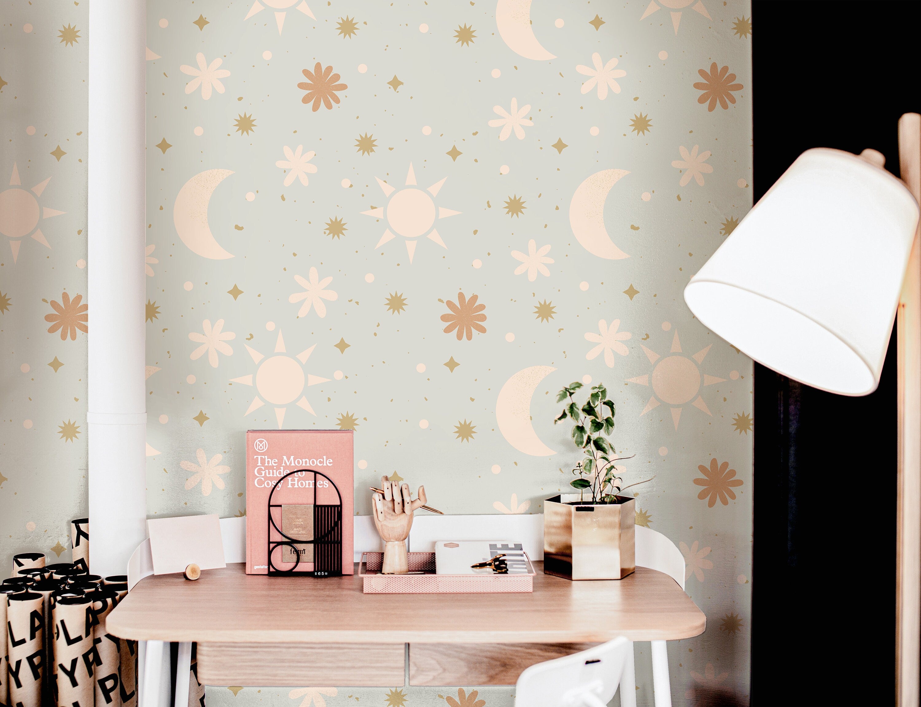 Mint Floral Golden Stars Moon Sun Boho Wallpaper Peel and Stick Wallpaper Removable Wallpaper Wall Decor Home Decor Wall Art Room Decor 888A