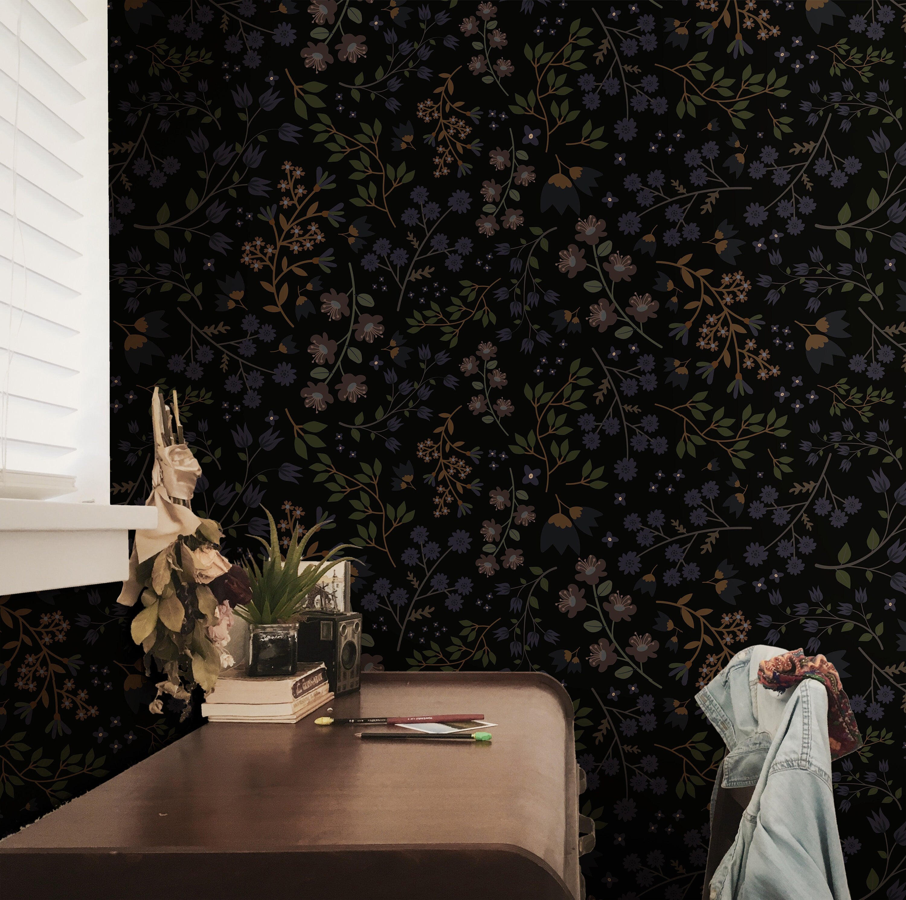 Wallpaper Peel and Stick Wallpaper Natural Dark Moody Floral Removable Wallpaper Wall Decor Home Decor Wall Art Room Decor 884