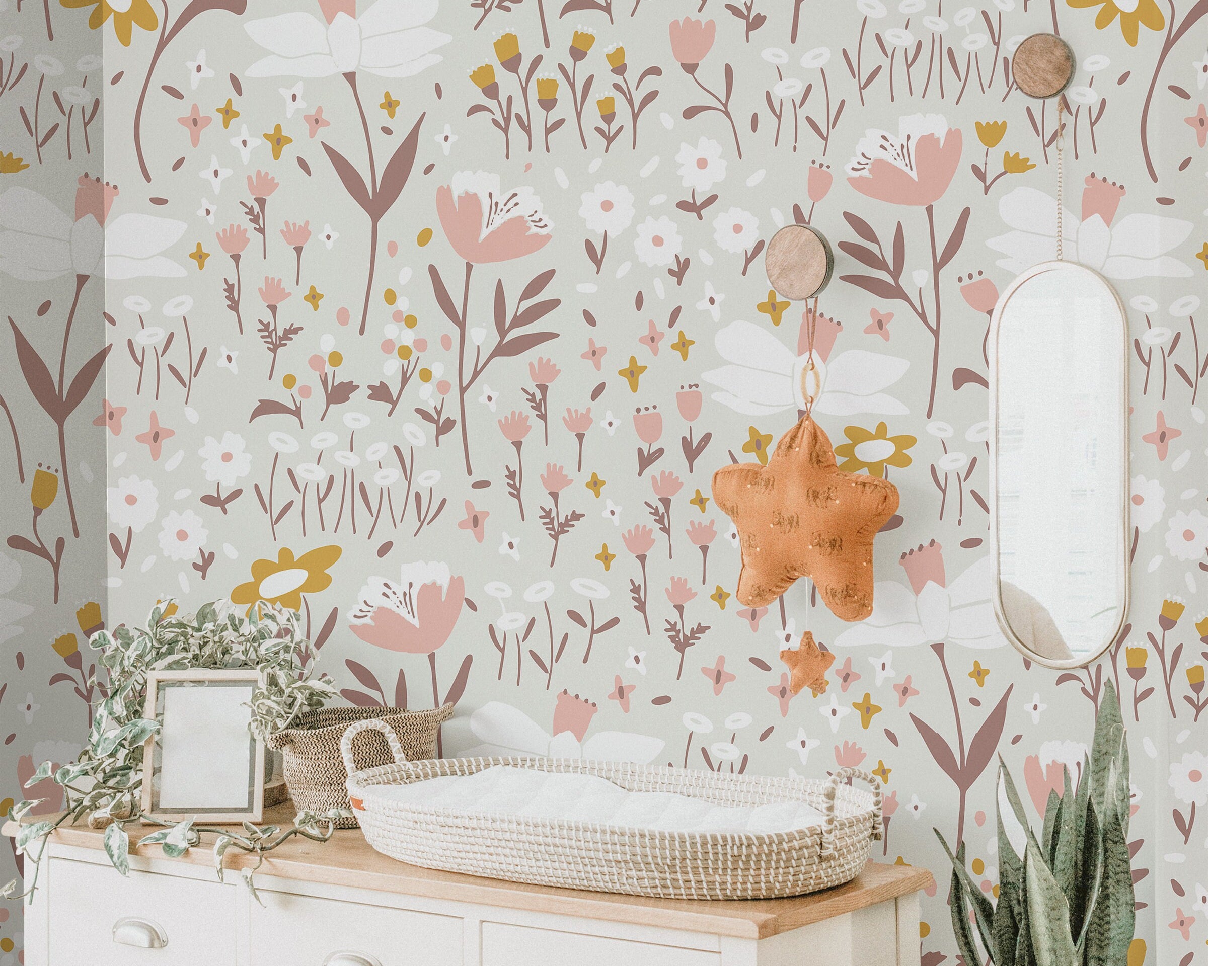 Pink Pastel Floral Garden Wallpaper | Girls Nursery Wallpaper | Kids Wallpaper | Childrens Wallpaper | Peel Stick Removable Wallpaper | 873