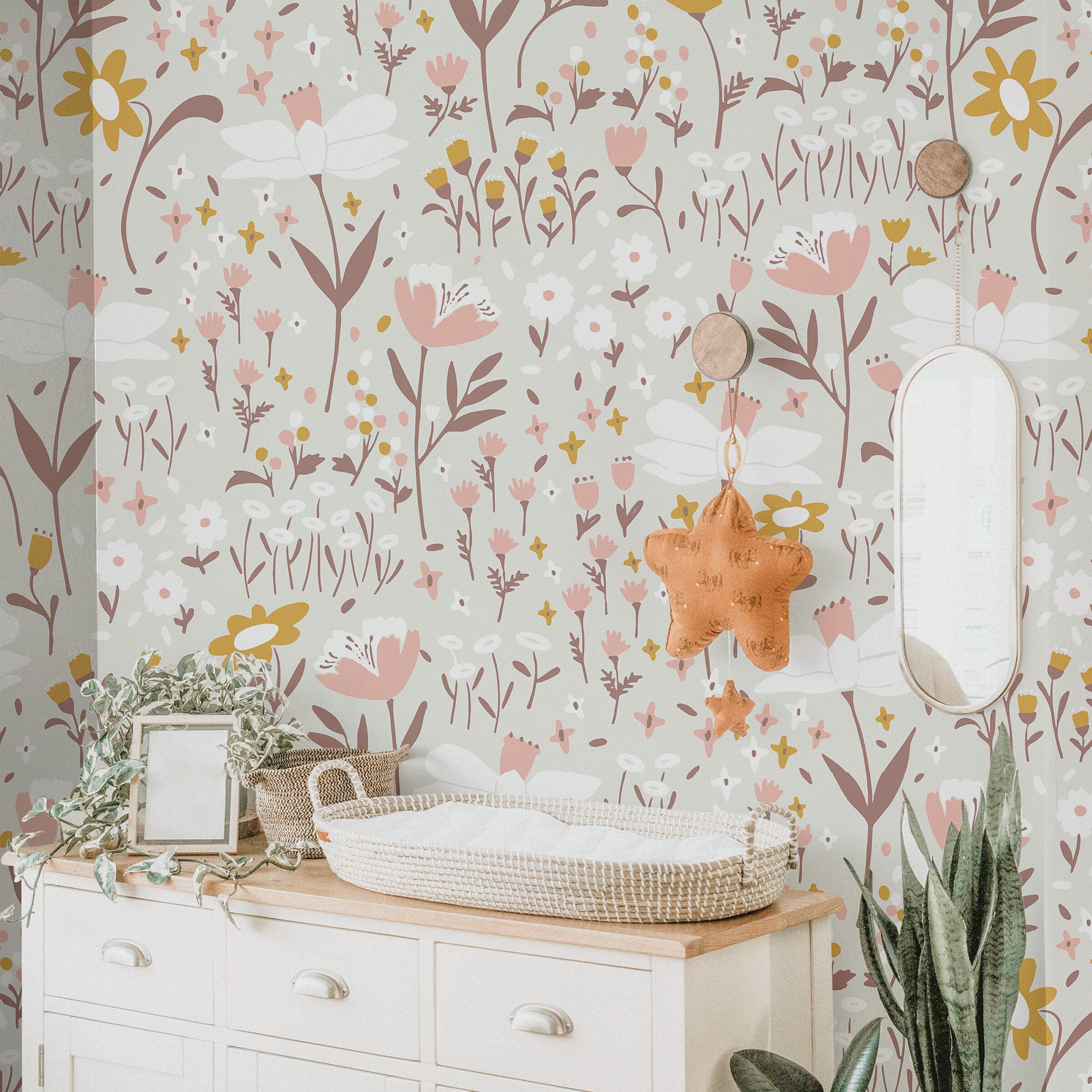 Pink Pastel Floral Garden Wallpaper | Girls Nursery Wallpaper | Kids Wallpaper | Childrens Wallpaper | Peel Stick Removable Wallpaper | 873