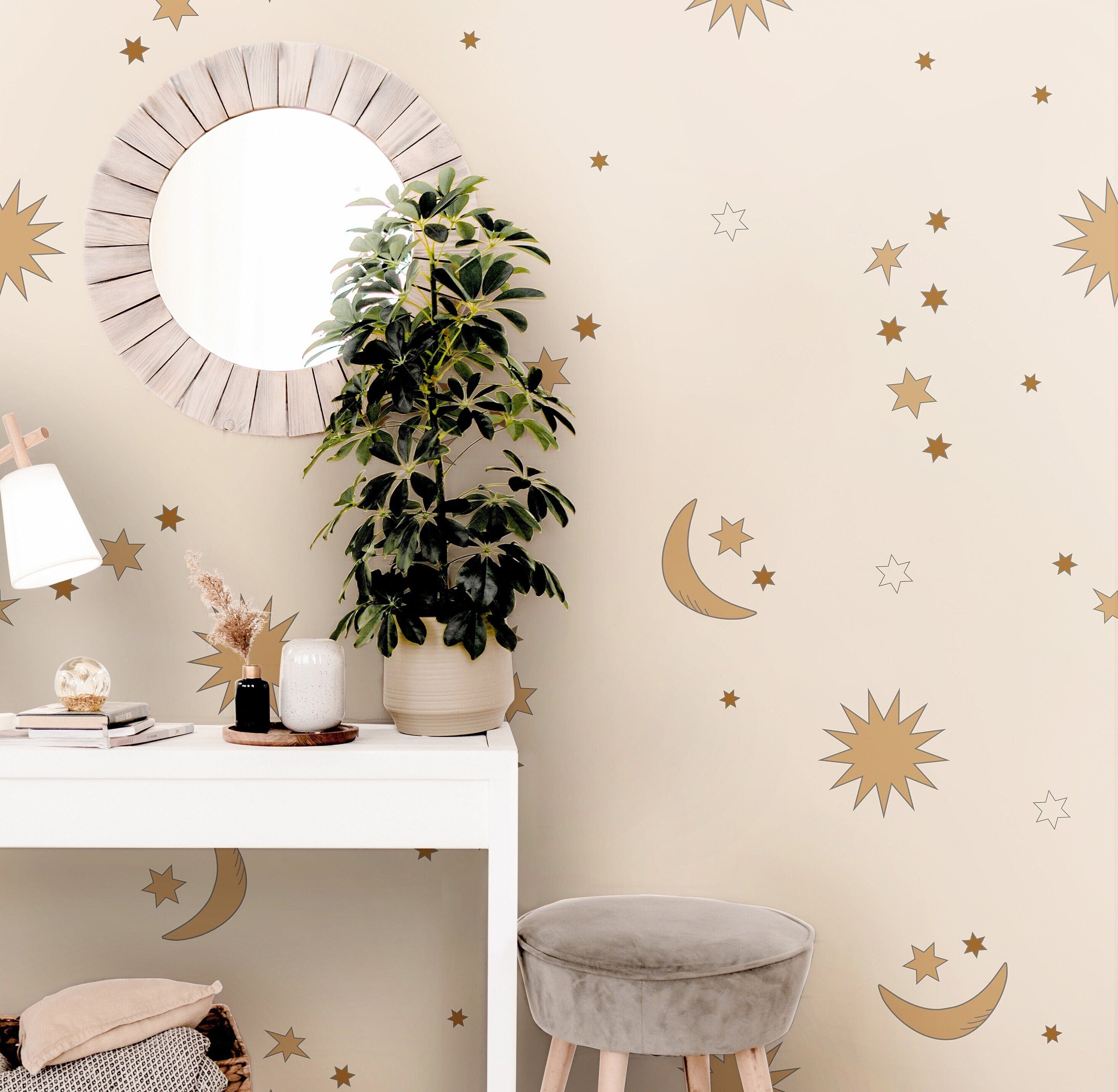 Golden Yellow Cream Stars Moon Boho Wallpaper Peel and Stick Wallpaper Removable Wallpaper Wall Decor Home Decor Wall Art Room Decor 889A - James And Colors