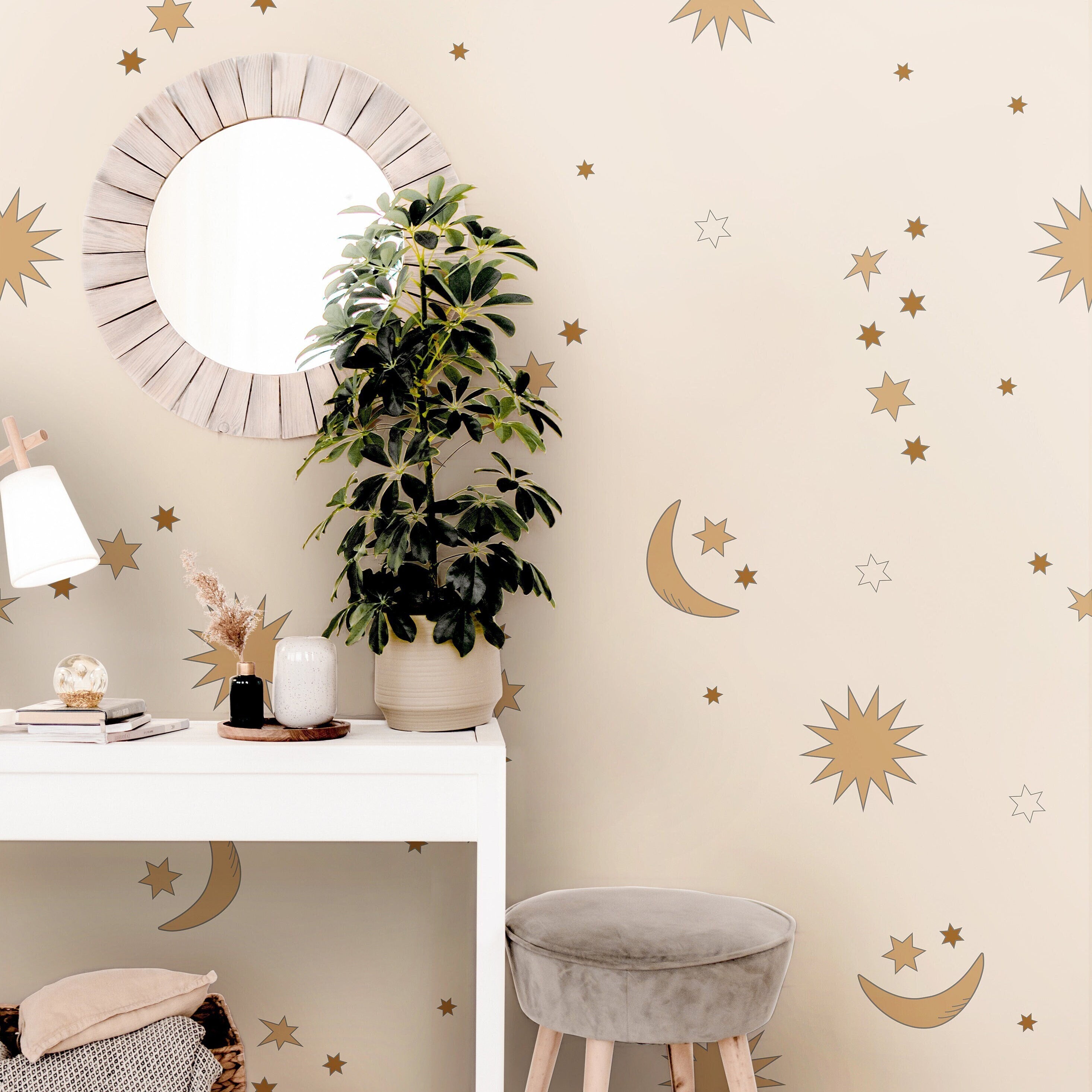 Golden Yellow Cream Stars Moon Boho Wallpaper Peel and Stick Wallpaper Removable Wallpaper Wall Decor Home Decor Wall Art Room Decor 889A - James And Colors