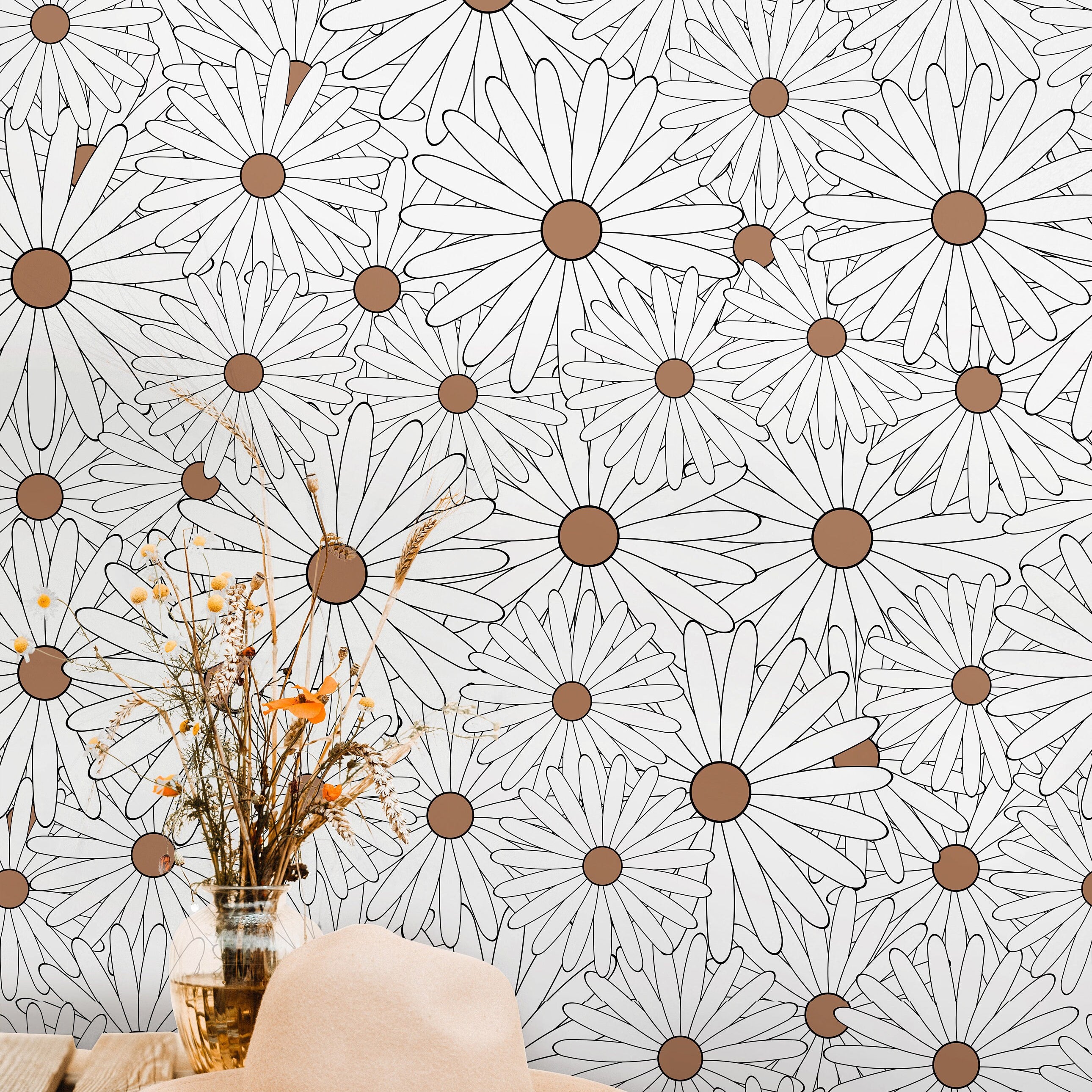 White Daisy Floral Wallpaper Peel and Stick Wallpaper Removable Wallpaper Wall Decor Home Decor Wall Art Printable Wall Art Room Decor 871