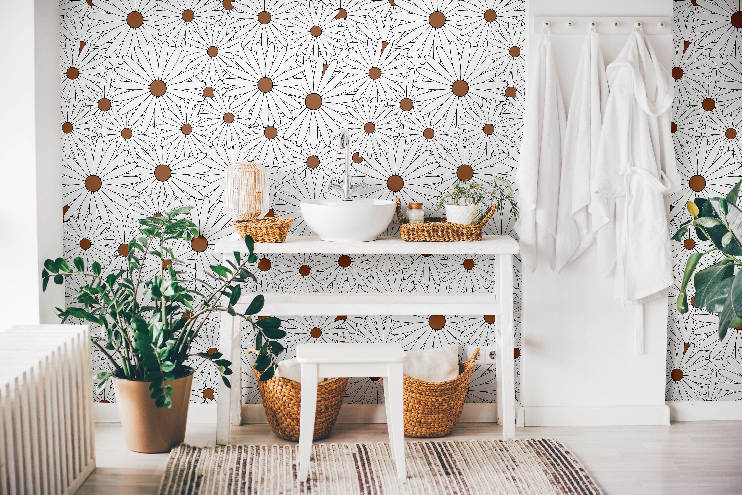 White Daisy Floral Wallpaper Peel and Stick Wallpaper Removable Wallpaper Wall Decor Home Decor Wall Art Printable Wall Art Room Decor 871