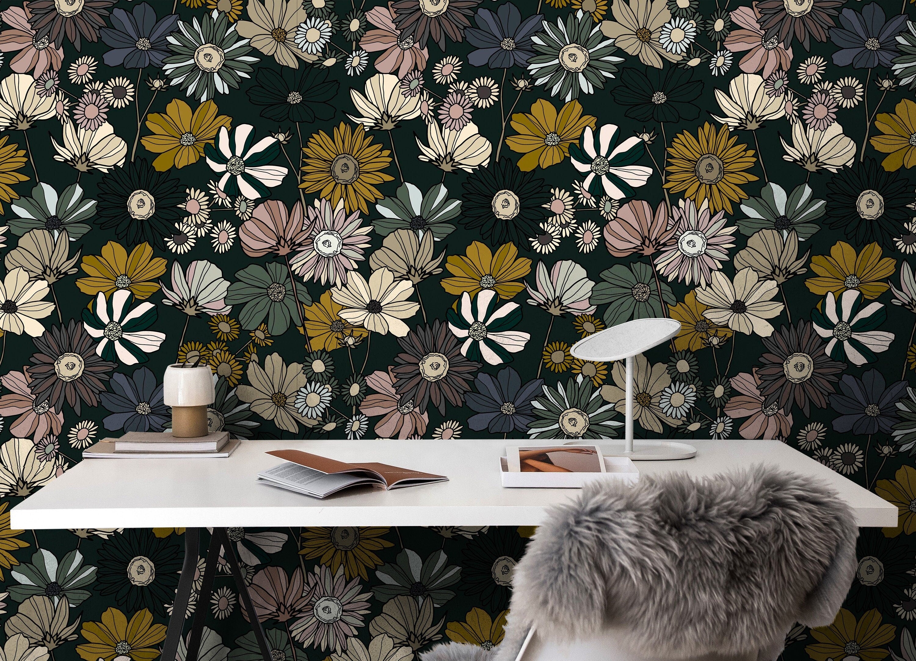 Wallpaper 866: A bold and moody floral wallpaper featuring vintage-inspired daisies, wildflowers, and foliage in muted mustard, blush, and olive tones against a deep black background, creating a striking statement wall.